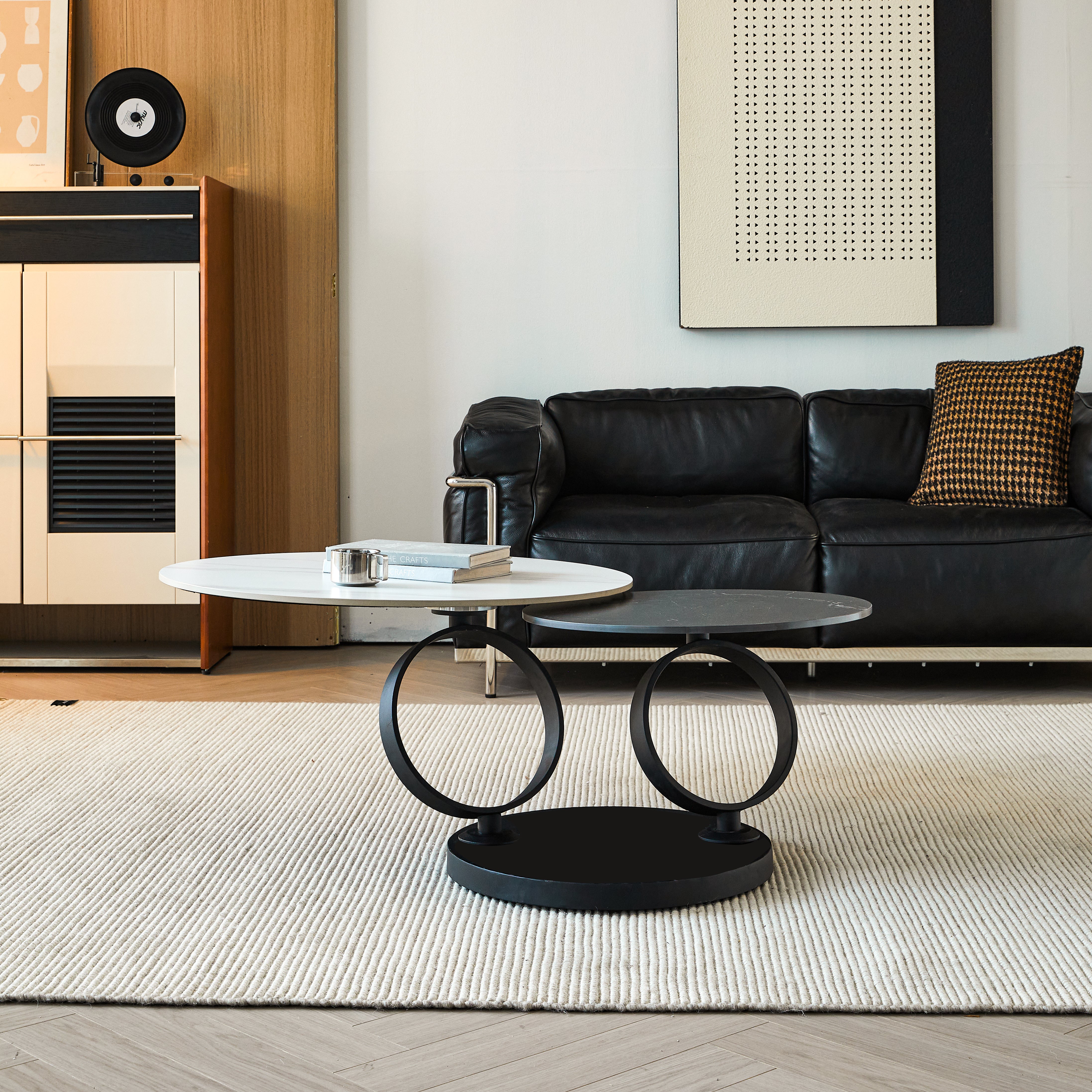 Round Nested Coffee Tables  White & Black Faux Marble Top With Sturdy Black Metal Frame, Space-Saving Living Room Coffee Table Set For Sofa Side, Apartment  Home Decor