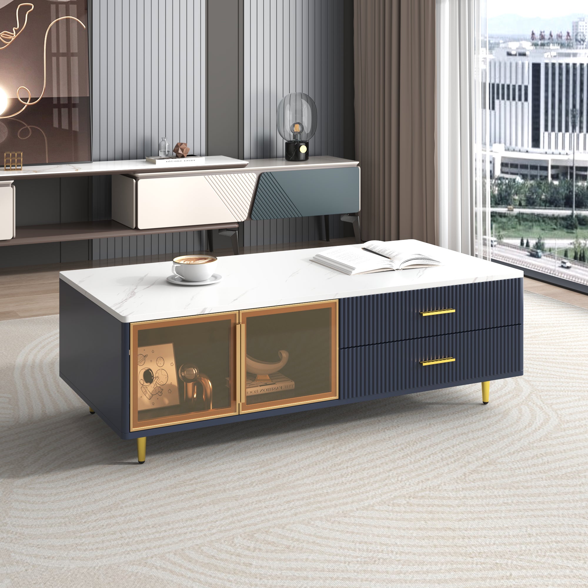 Modern Navy Blue Coffee Table With 2 Glass Door Storage, 4 Drawers, Gold Metal Legs, And Multi-Color Lighting In 47.2