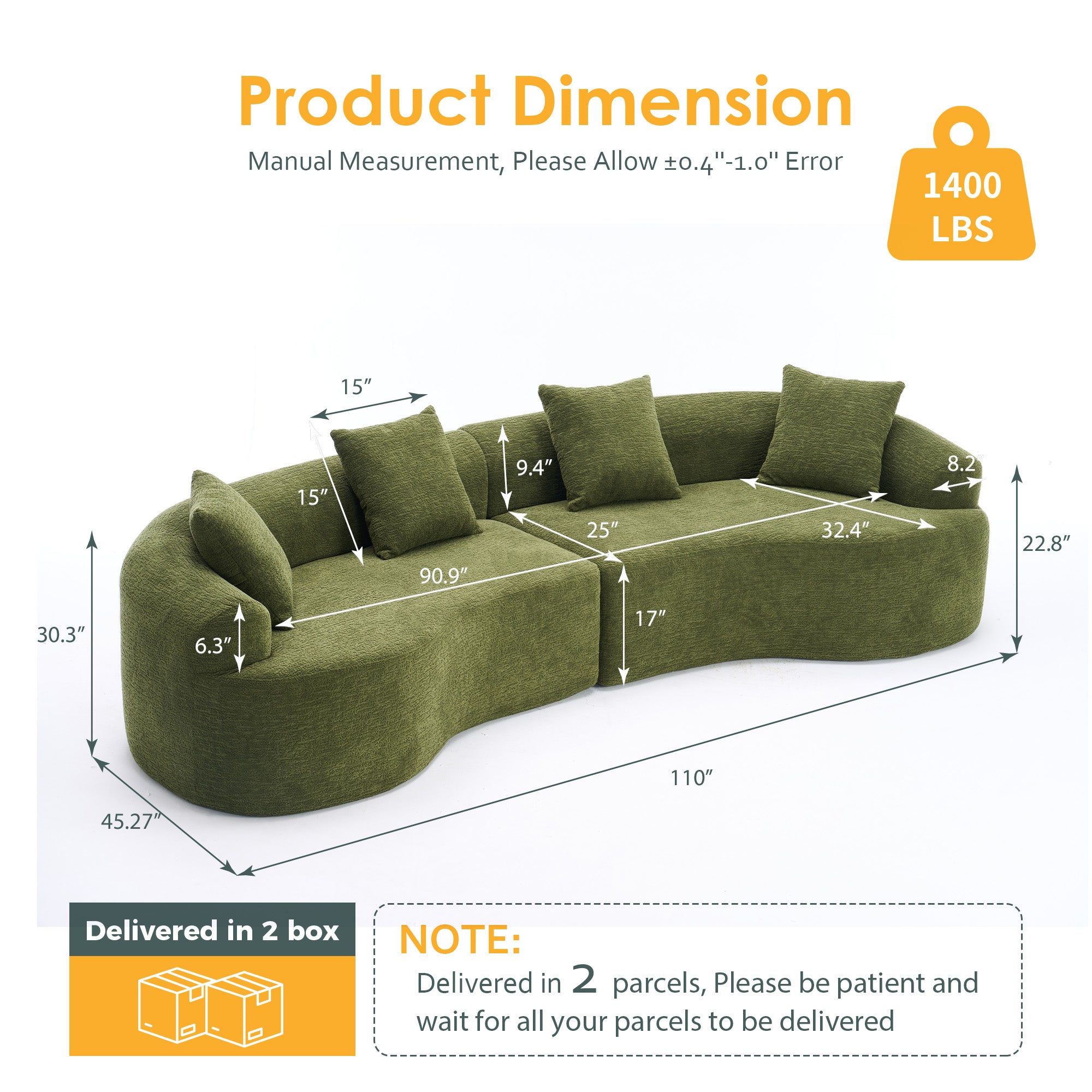 Curved Boneless Sofa Compression Modular 110'' Sectional Green High-Density Couches Sleeper For Living Room Bedroom Apartment Lounge Chenille