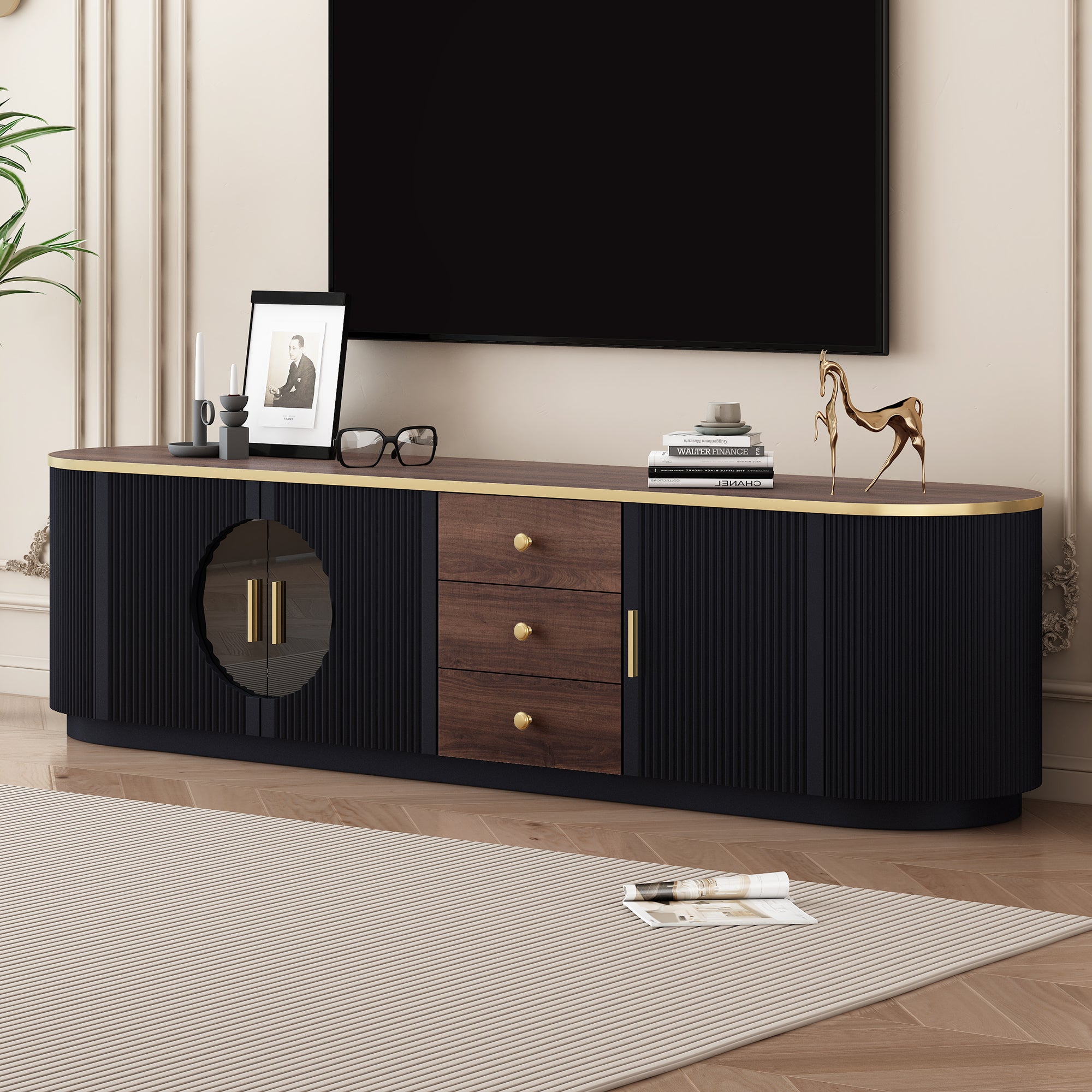 VIBE HAUS 70.8 Modern Minimalist TV Stand For TVs Up To 80 Inches, Entertainment Center With 3 Drawers And 1 Shelf, Metal Handles And 2 Cabinets For Living Room