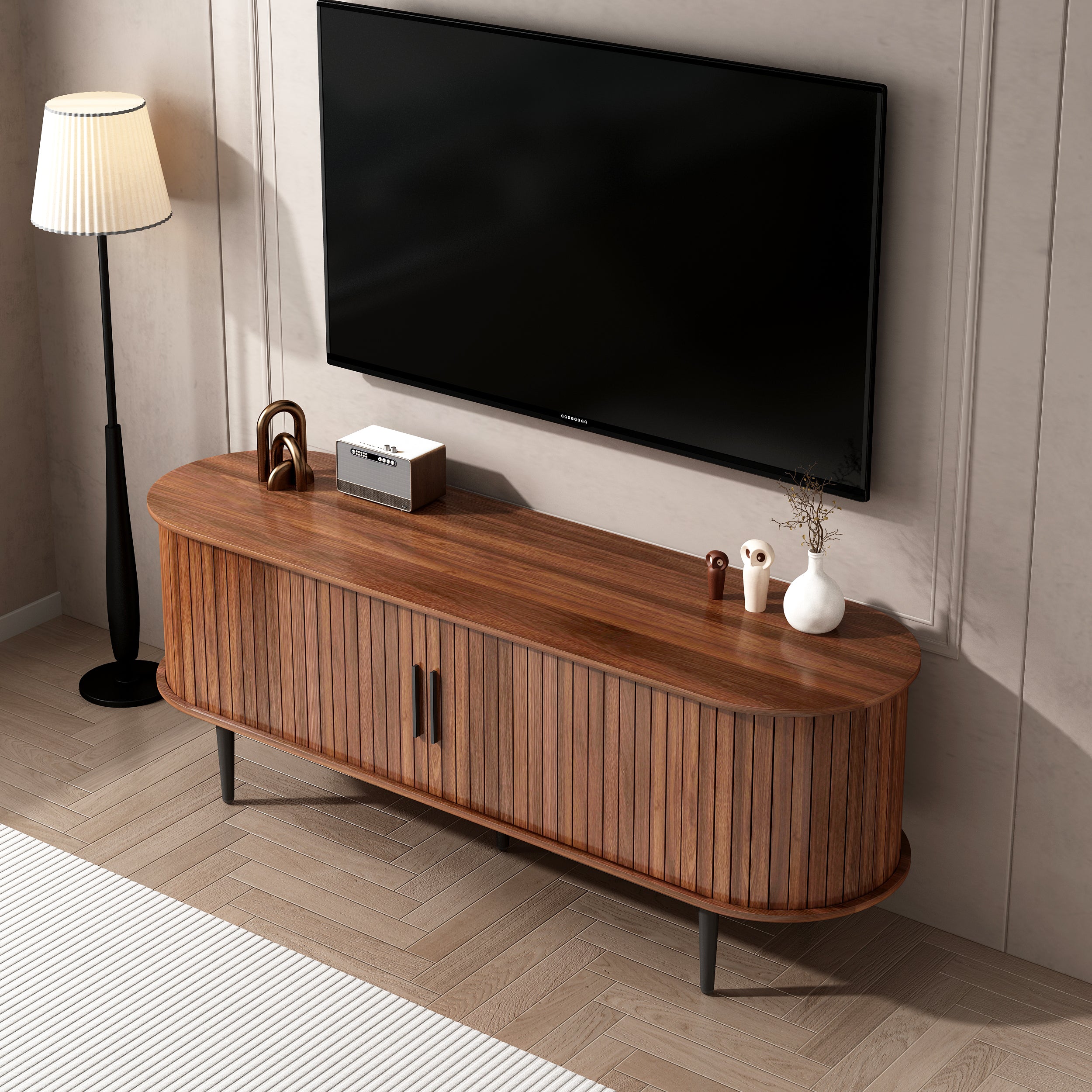 TV Stand, 55 Modern TV Console Table With Storage Compartment And Sliding Door, Gaming Entertainment Center With Cabinet For Living Room, Bedroom, Office Walnut