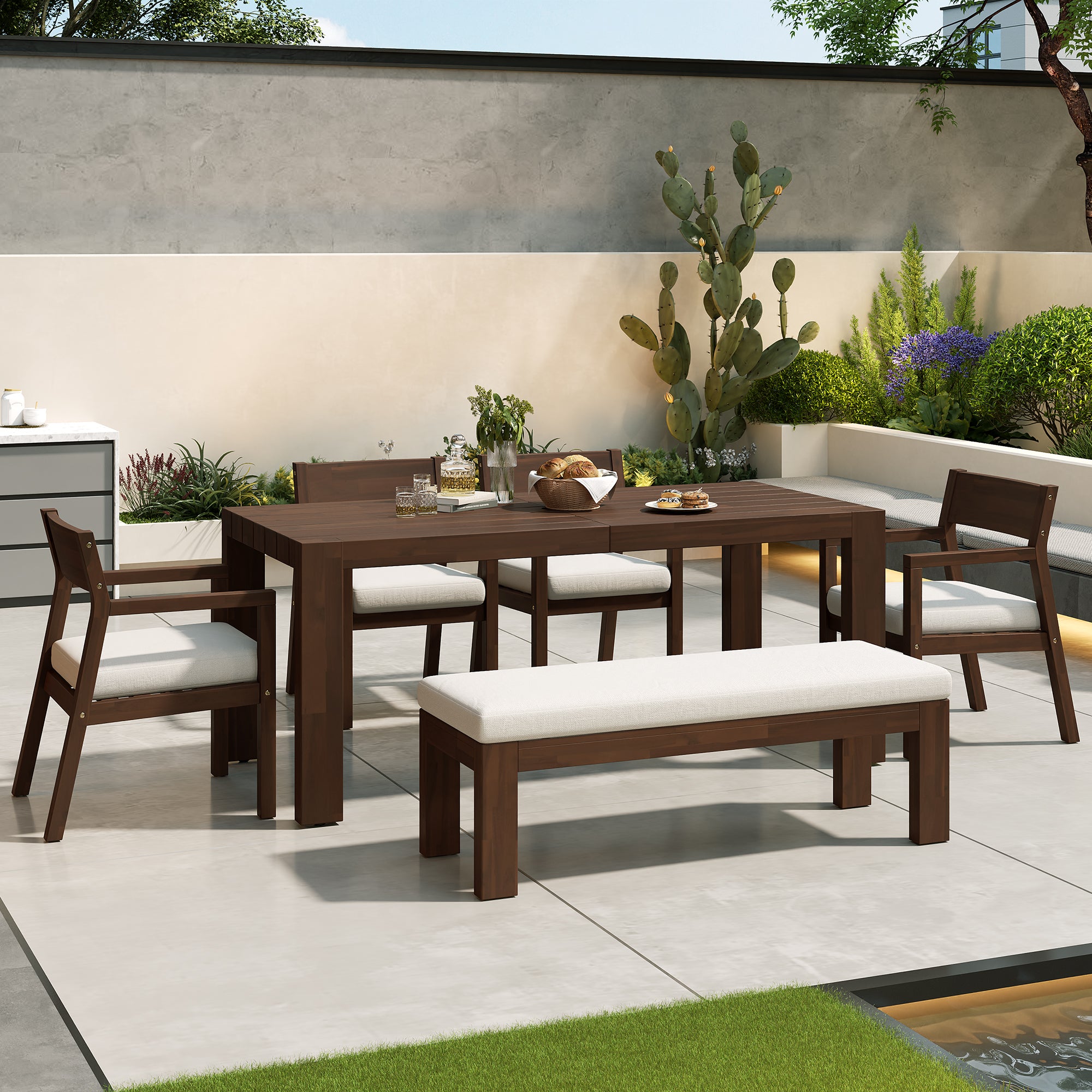 TREXM Patio Dining Table Set For 6  Outdoor Furniture Sets With Umbrella Hole  71 Rectangular Table  Chairs And Bench With Removable Cushions For Backyard  Garden  Poolside  Mocha Beige Cushion