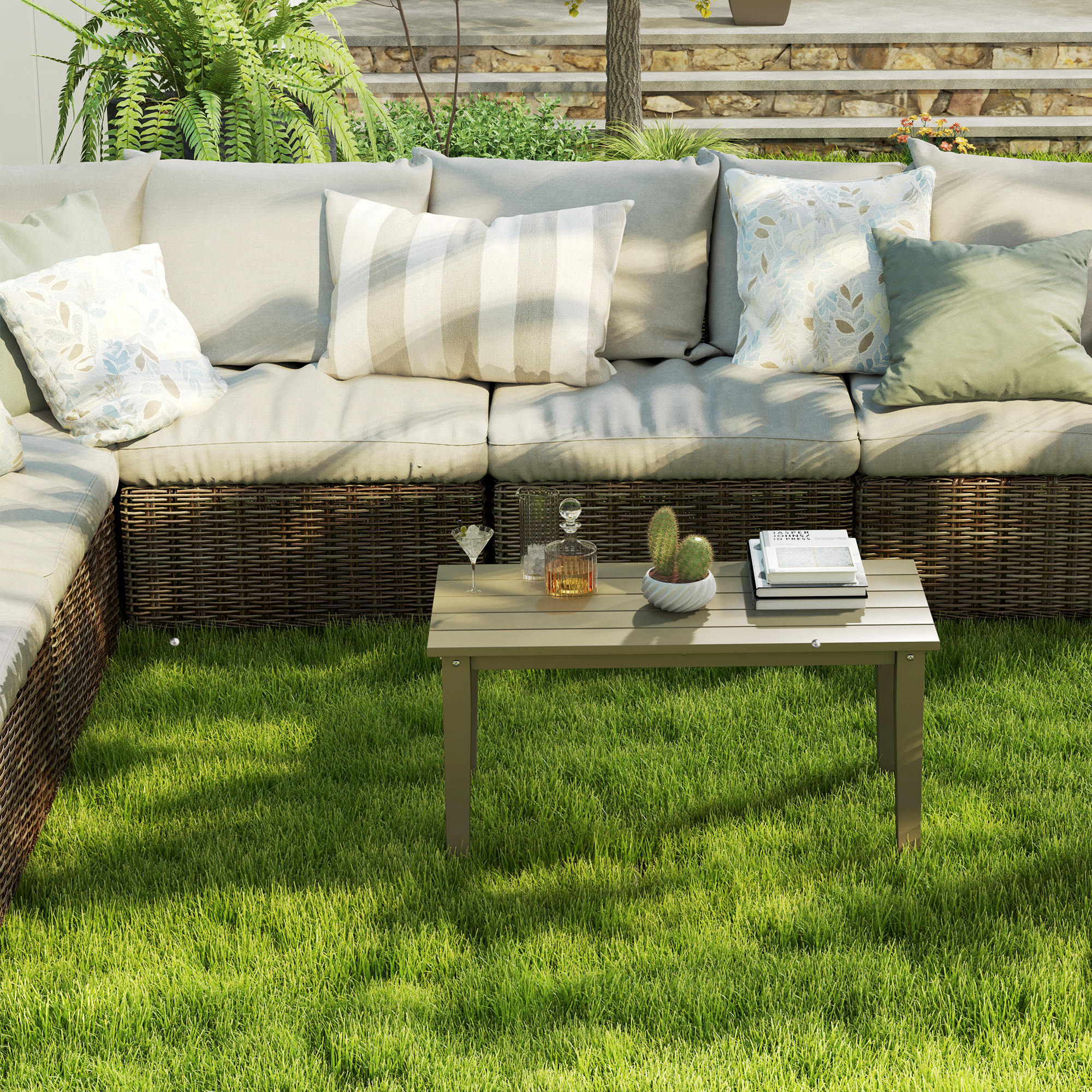 Rectangle Outdoor Coffee Table, HDPE All-Weather Outdoor Patio Table with Slatted Tabletop for Yard, Balcony, Brown