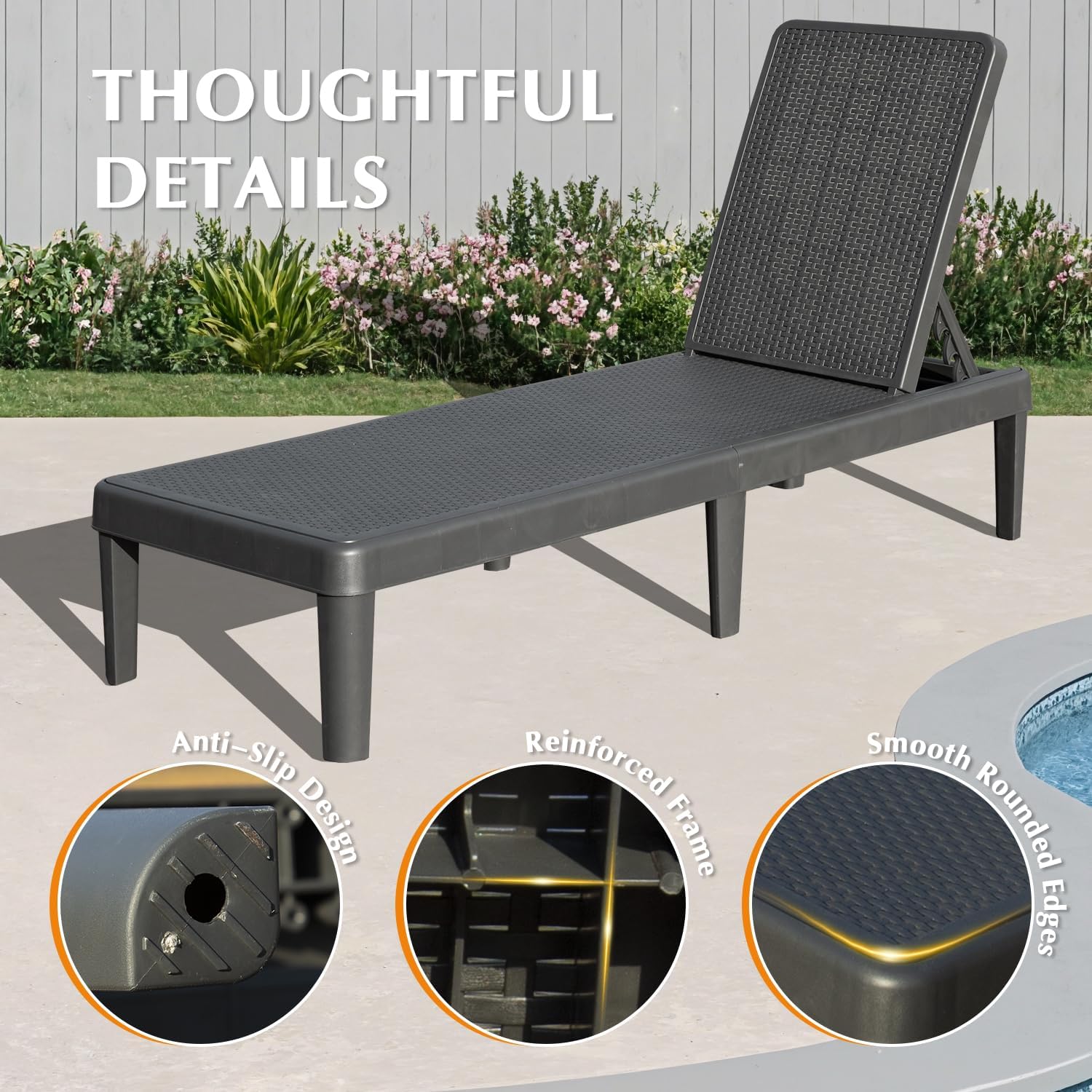 Pool Lounge Chairs Set Of 2, Outdoor Lounge Chairs With 6 Positions Backrest Adjustable, Resin Waterproof Chaise Lounge Outdoor For Poolside Patio Garden Deck