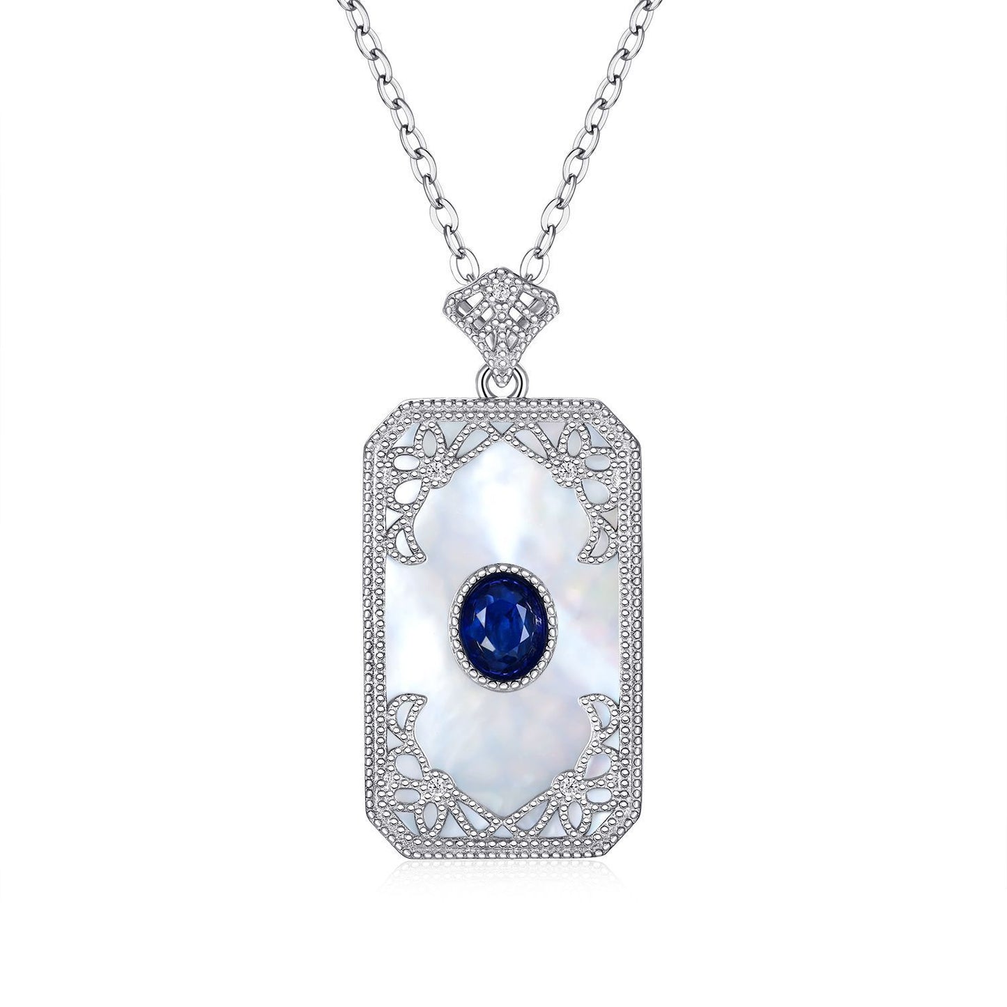 Natural Mother Shell Pendant 925 Silver Inlaid Sapphire Necklace