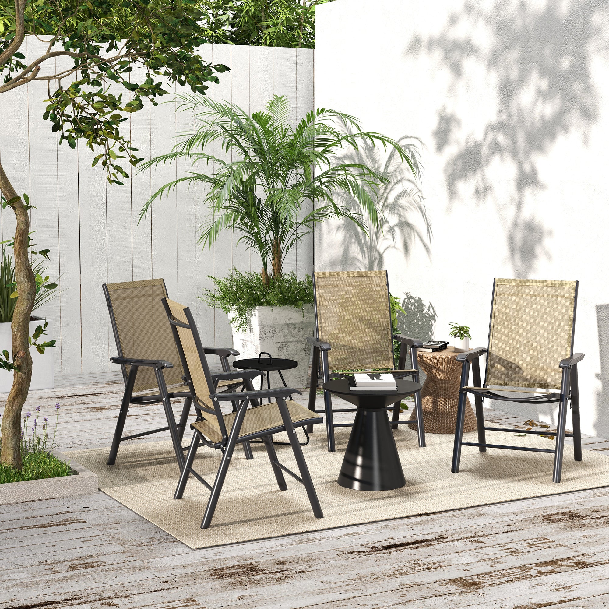 Set of 4 Outdoor Folding Chairs, Stackable Patio Dining Chairs with Armrests, Metal Frame, Light Mixed Brown