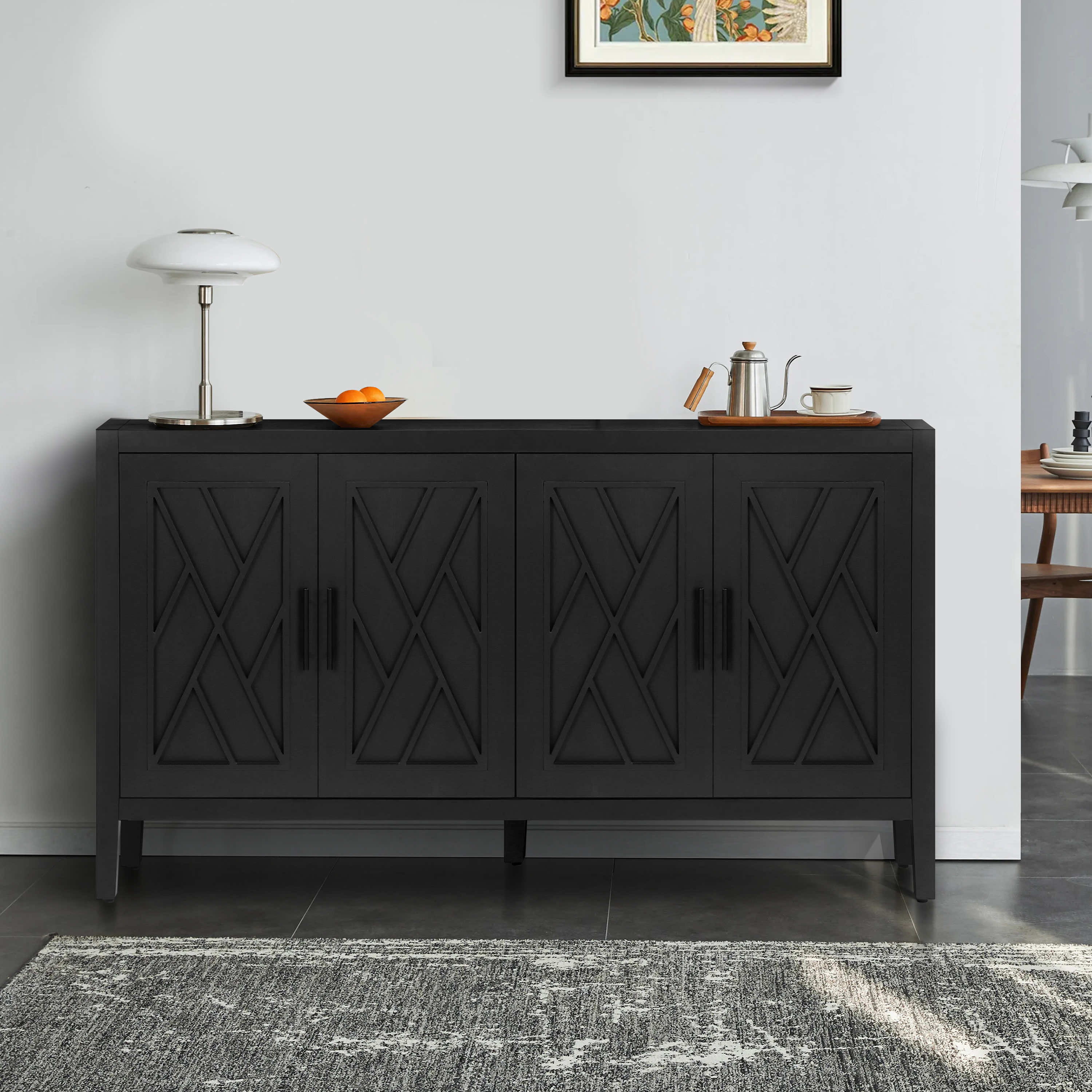 60 Inches Modern Farmhouse Accent Cabinet With 4 Doors And Adjustable Shelf Wood Sideboard Buffet Cabinet Console Table Credenza Buffet Table For Kitchen Dining Room Entryway Hallway Antique Black