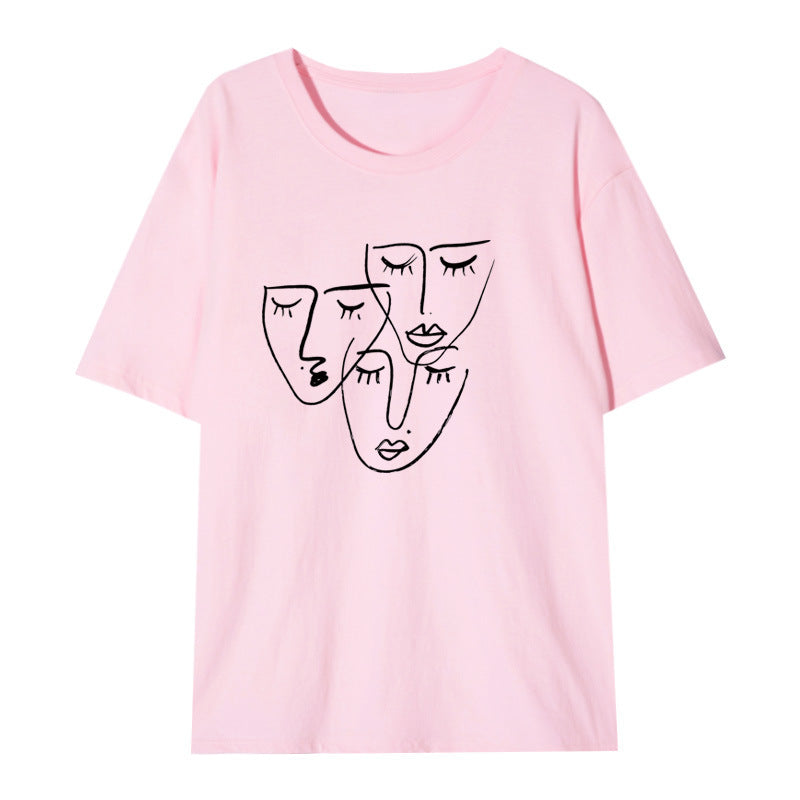 Women's Loose Printed T-shirt With Characteristic Line Face Mask