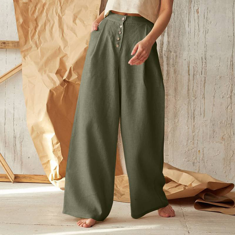 TrousersLadies' Solid High Waist Casual Button Cotton And Linen Wide Leg Trousers