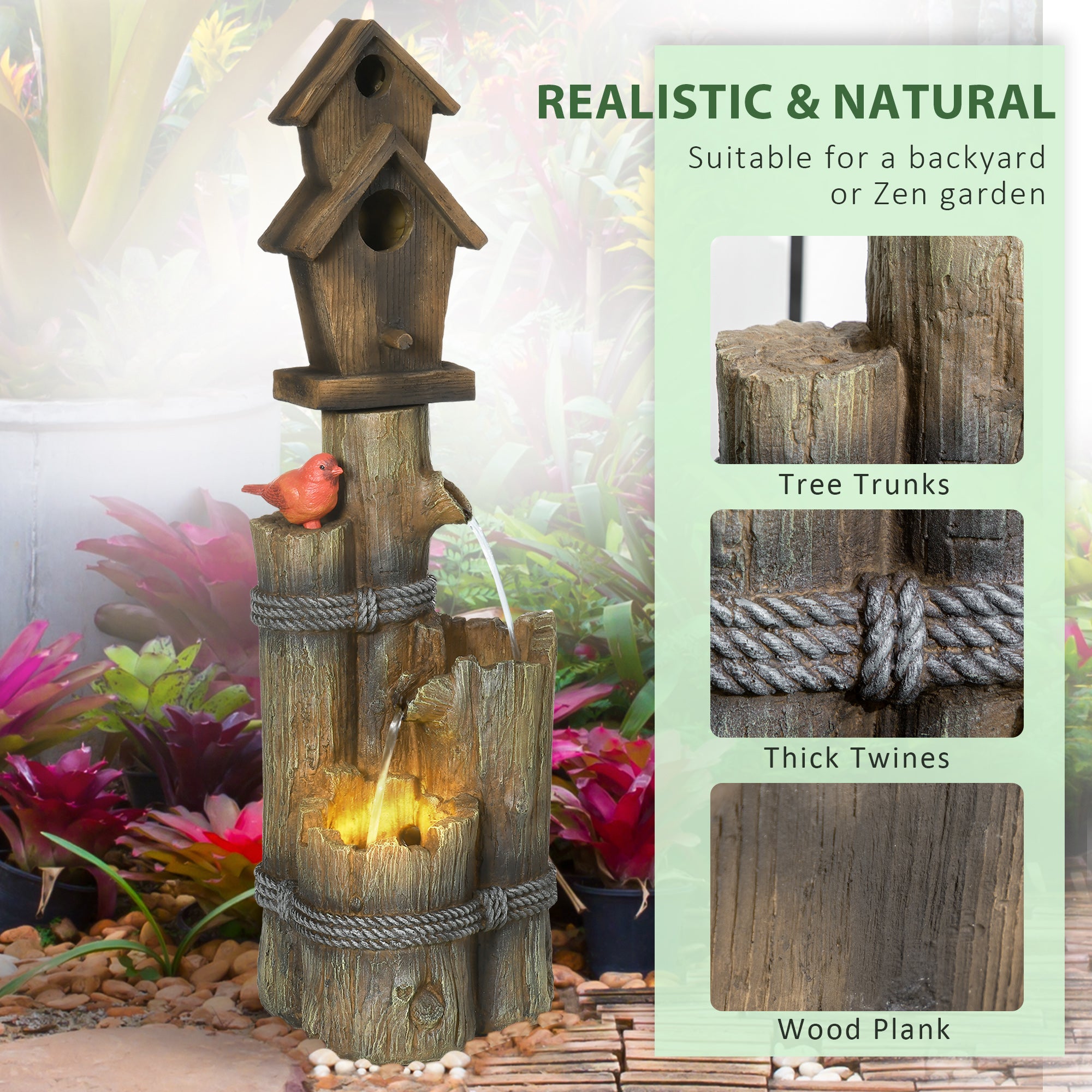 Outdoor Fountain with Birdhouse, Cascading Garden Waterfall Bird Bath with 3-Tier Rustic Tree Trunk / Log Design, LED Lights for Porch, Deck, Yard Decor, Brown