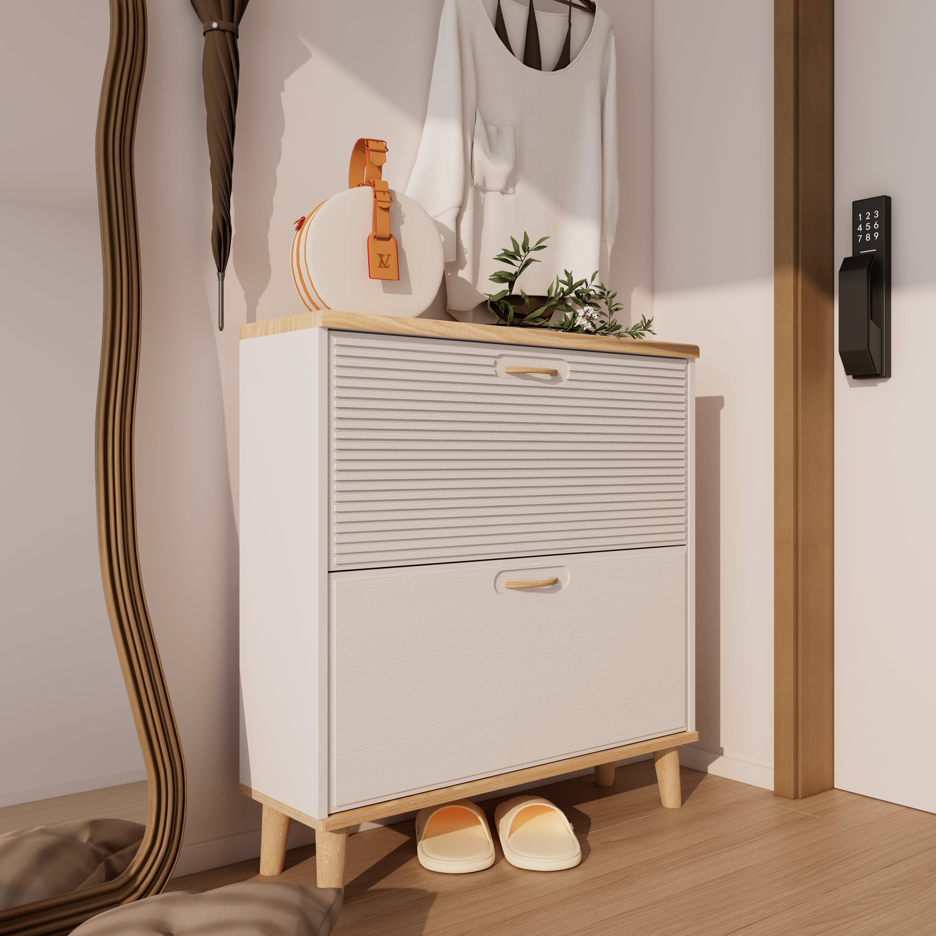 Shoes Storage Cabinet For Entryway Narrow Shoe Rack Cabinet Shoe Cabinet With 2 Flip Drawers Freestanding Shoe Organizer With Natural Wood Legs Slim Entryway Storage Organizer For 8- 16 Pairs