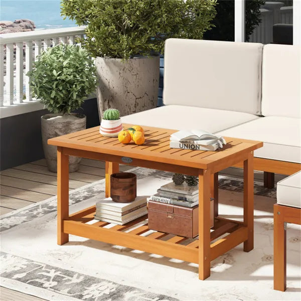 Sturdy Slatted Outdoor Coffee Table With Lower Shelf, Indoor Outdoor Multi-Purpose Center Table