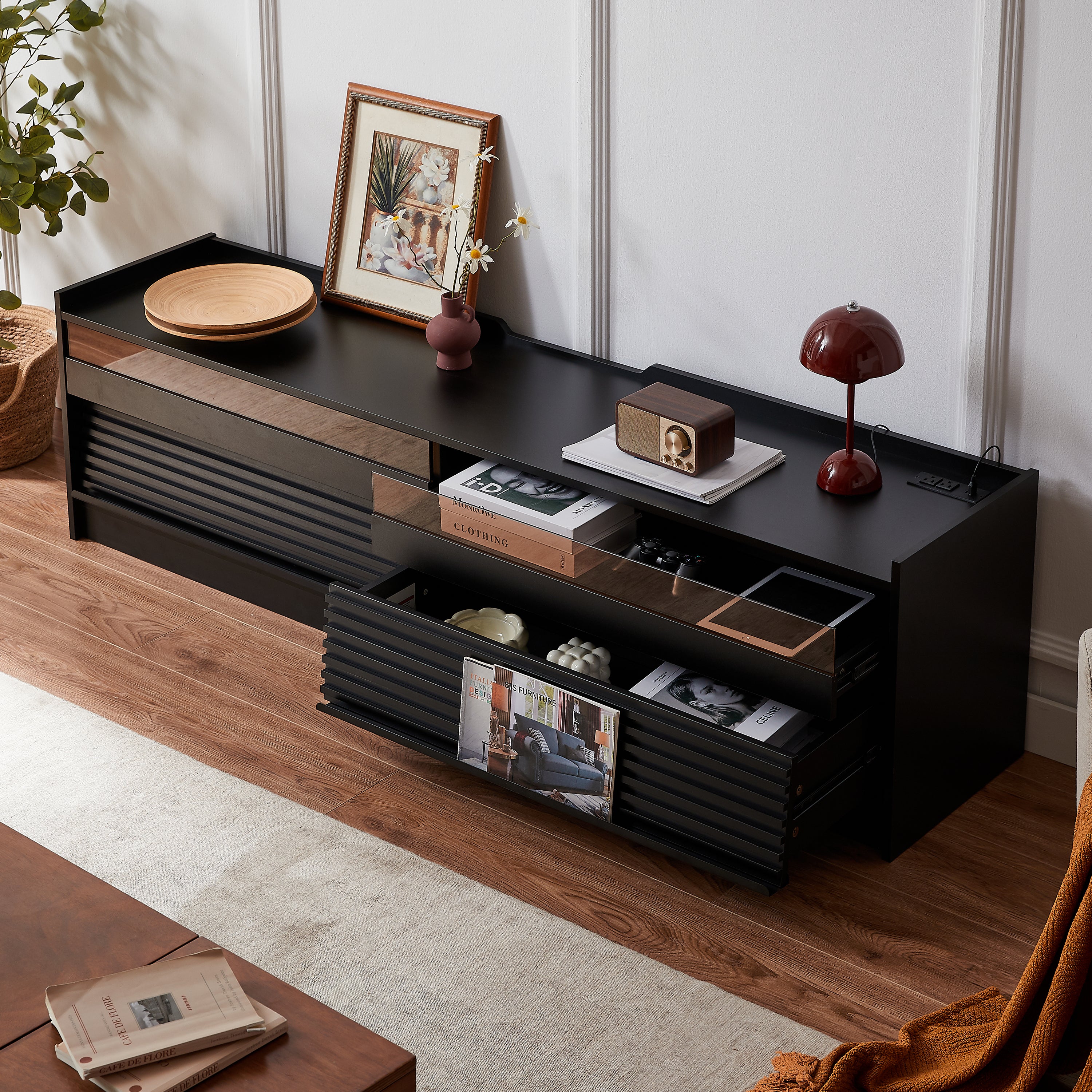 Mirod Modern TV Stand With Ample Storage,4 Drawer Design With Tempered Glass ,Built-in Charging Ports And Ambient LED Lighting ,Versatile For Any Decor Style