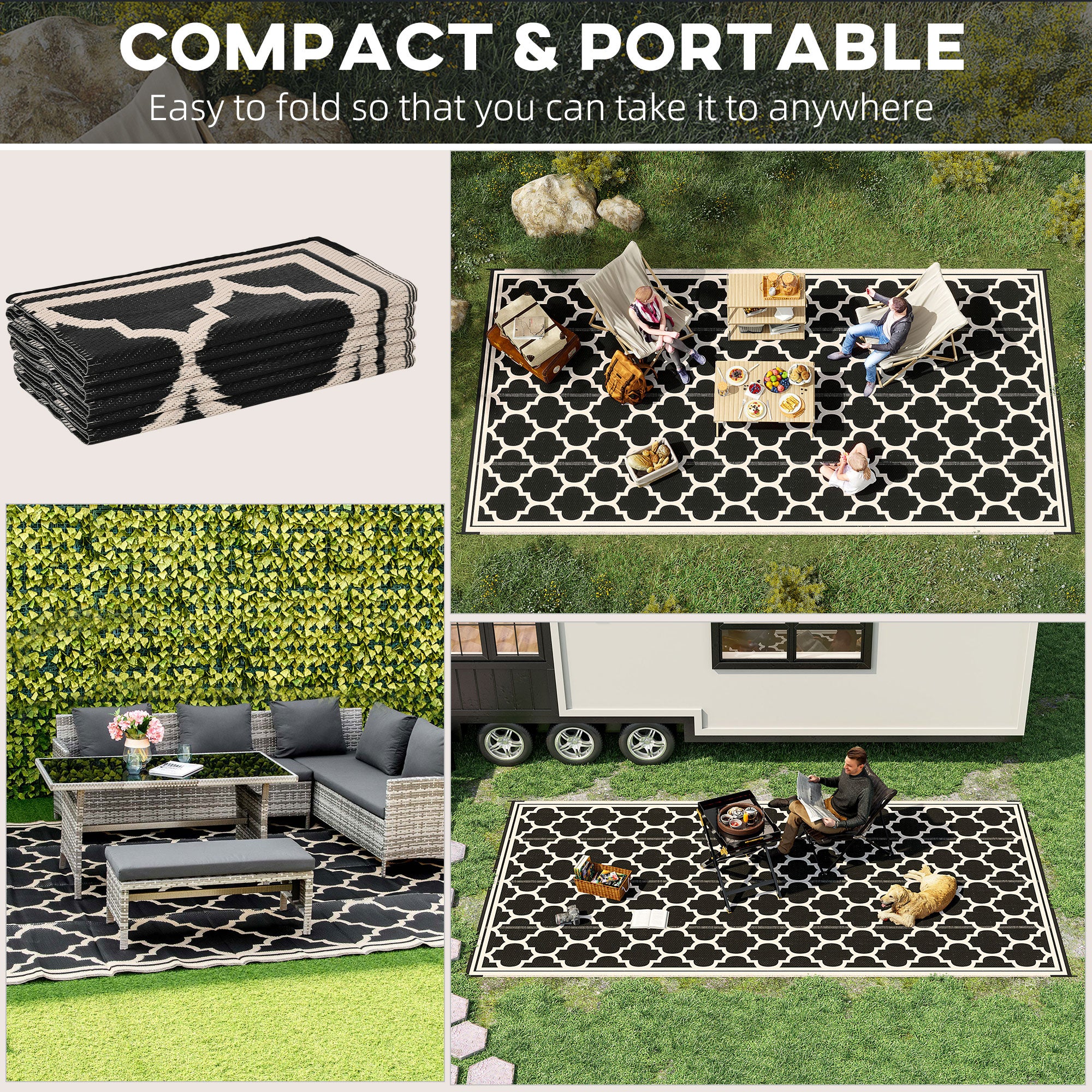 Reversible Outdoor Rug, 9' x 18' Waterproof Plastic Straw Floor Mat, Portable RV Camping Carpet, Large Floor Mat for Deck, Backyard, Picnic, Beach, Black & Beige