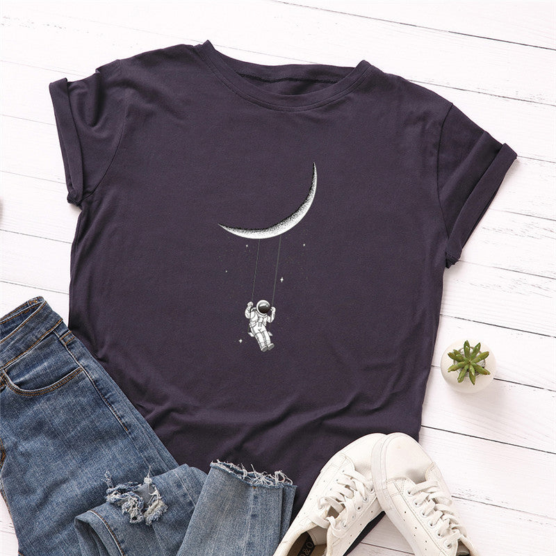 Moon Swinging Astronaut Casual Print Women Loose T-shirt