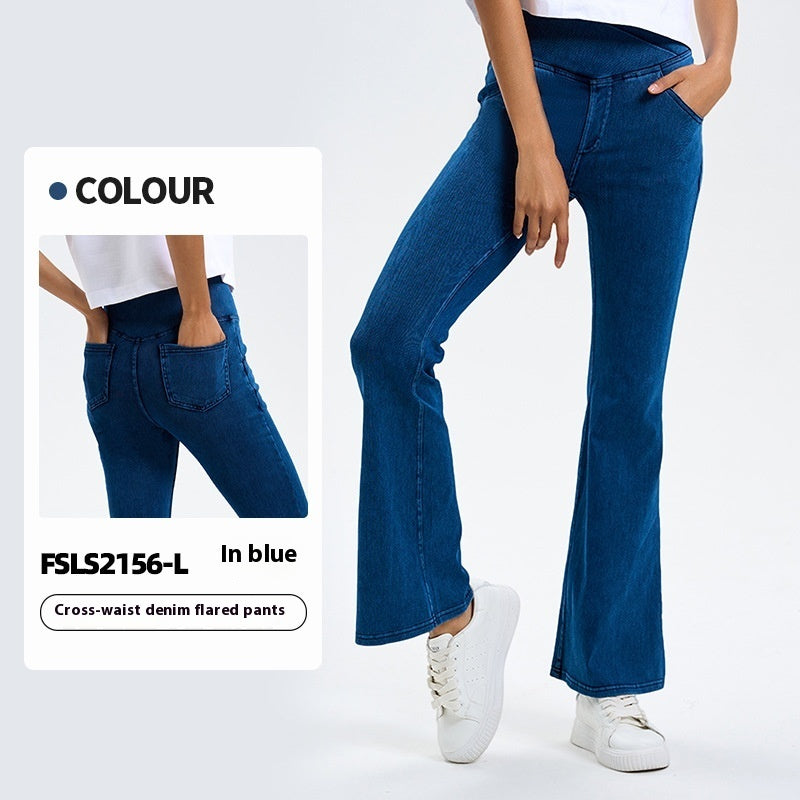 Cross Waist Jeans Women's High Elastic Hip Lifting Sport Bell-bottom Pants