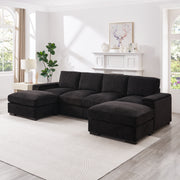 Sectional Sofa Deep Seat Sofa Couch With Ottomans, Corduroy Sofa Sleeper Comfy Upholstered Furniture For Living Room, Apartment, Office, 4-Seat & 2-Ottoman, Black