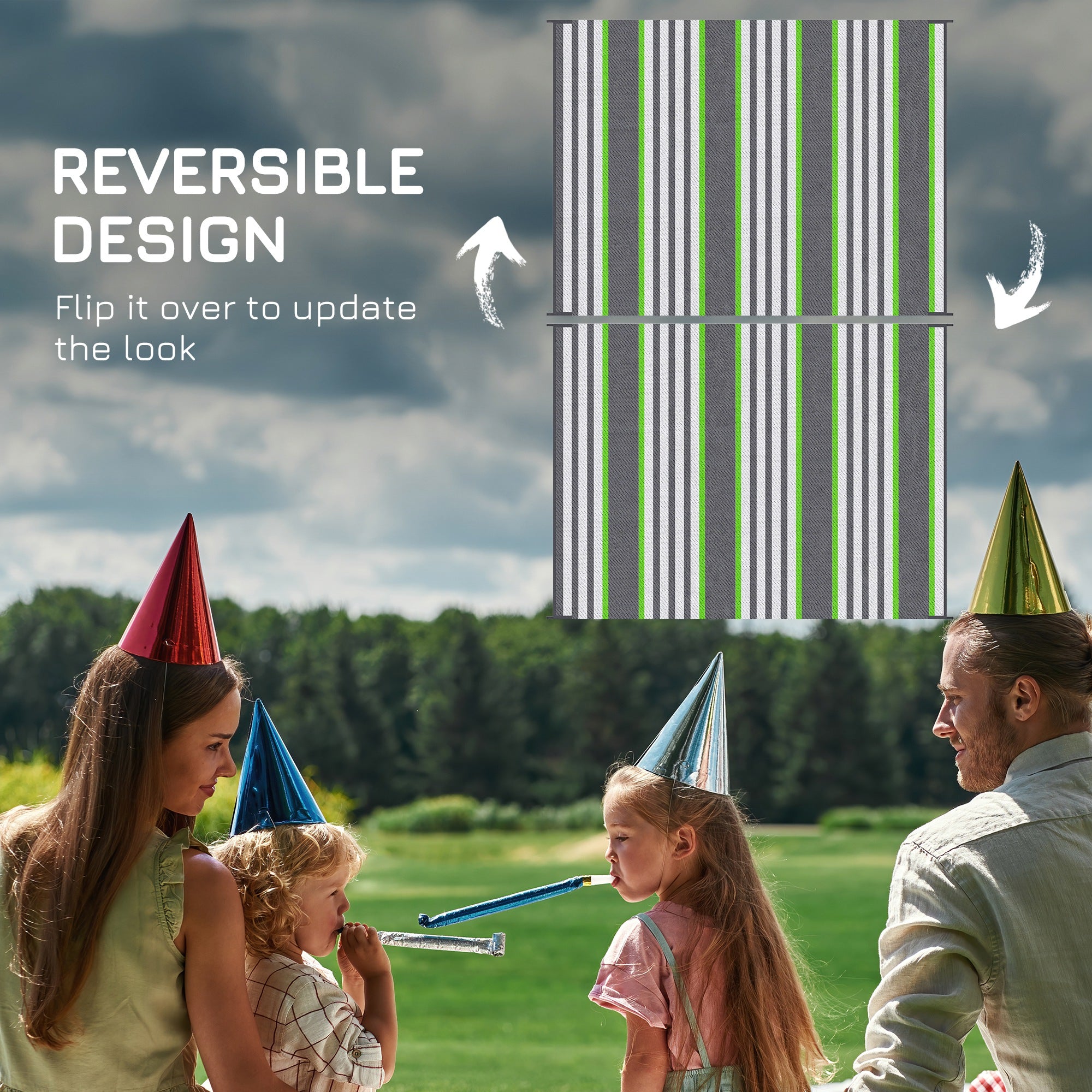 Reversible Outdoor Rug, 9' x 12' Waterproof Plastic Straw Floor Mat, Portable RV Camping Carpet, Large Floor Mat for Backyard, Deck, Picnic, Beach, Green & Gray Stripes
