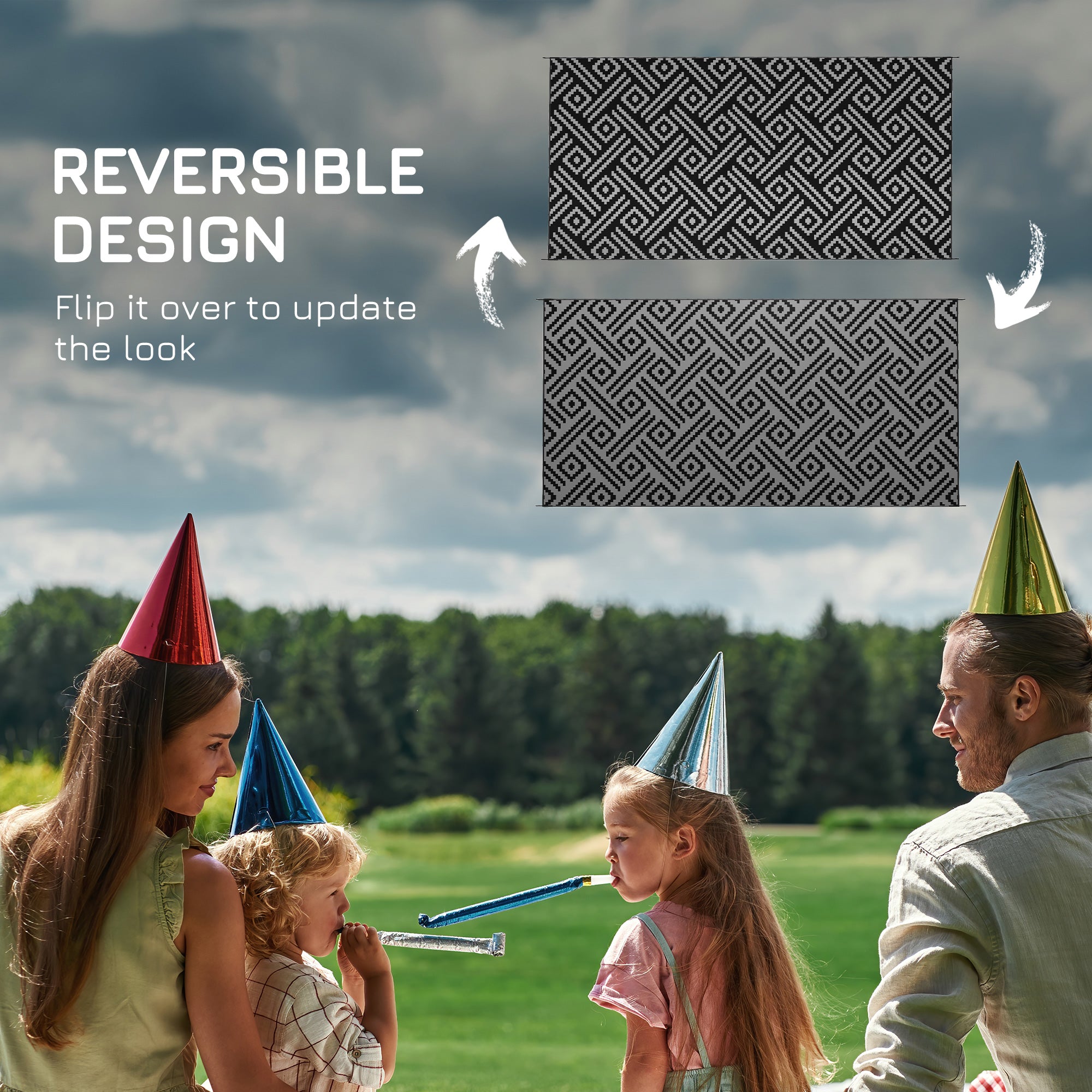 Reversible Outdoor Rug Carpet RV Camping Rugs with Carry Bag, 9' x 18', Black & Gray Geometric
