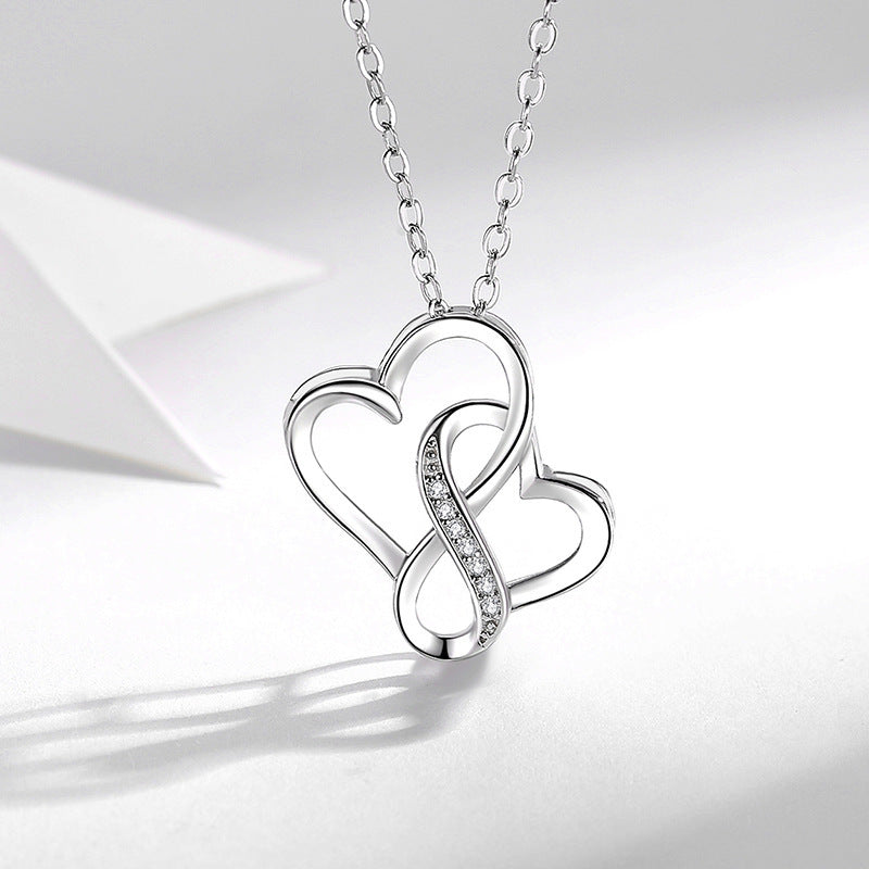 S925 Sterling Silver Lettering Double Heart Necklace