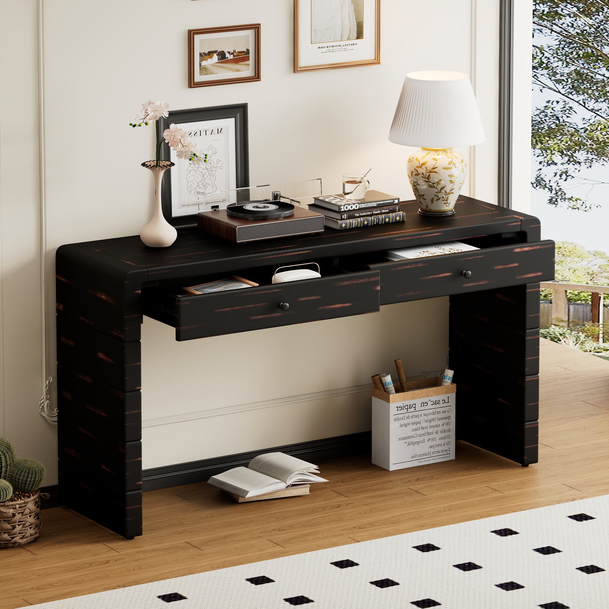 TREXM Curved Console Table With Storage  Wooden Entryway Table With 2 Drawers  Farmhouse Rustic Console Tables For Entryway  Hallway  Living Room  Distressed Black