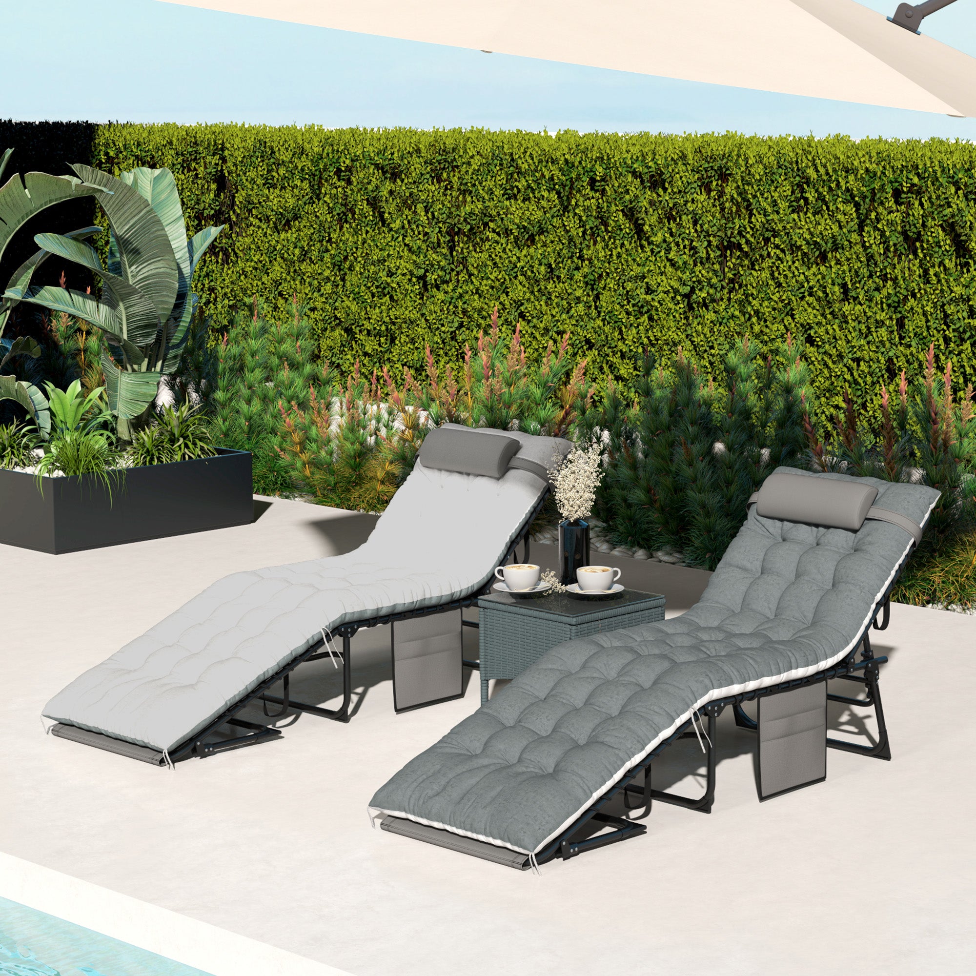 Outdoor Chaise Lounge Chair Set of 2, 5-Level Adjustable Folding Pool Lounge Chairs with Cushions, Gray