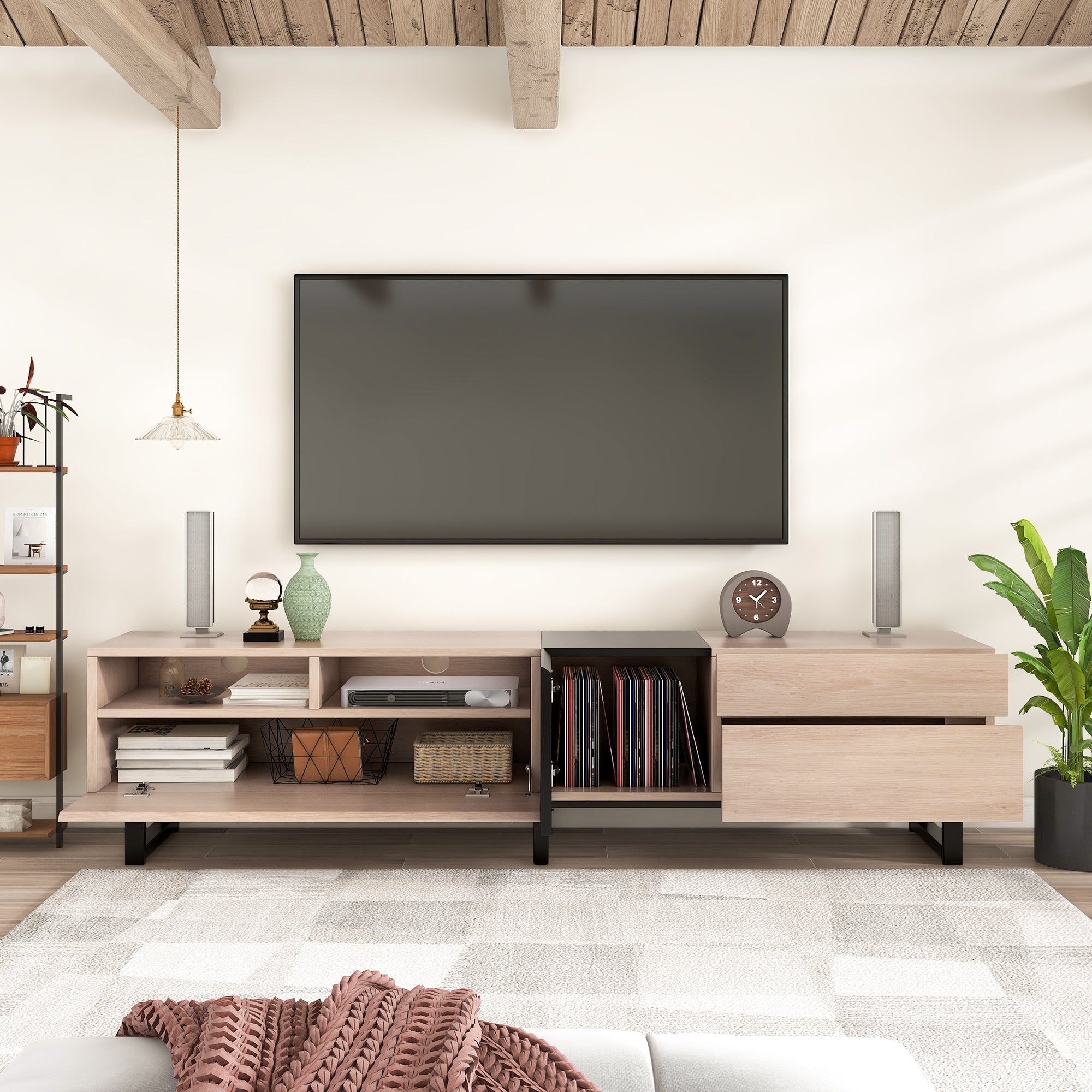 Modern TV Stand For 80'' TV With Double Storage Space, Media Console Table, Entertainment Center With Drop Down Door For Living Room, Bedroom, Home Theatre
