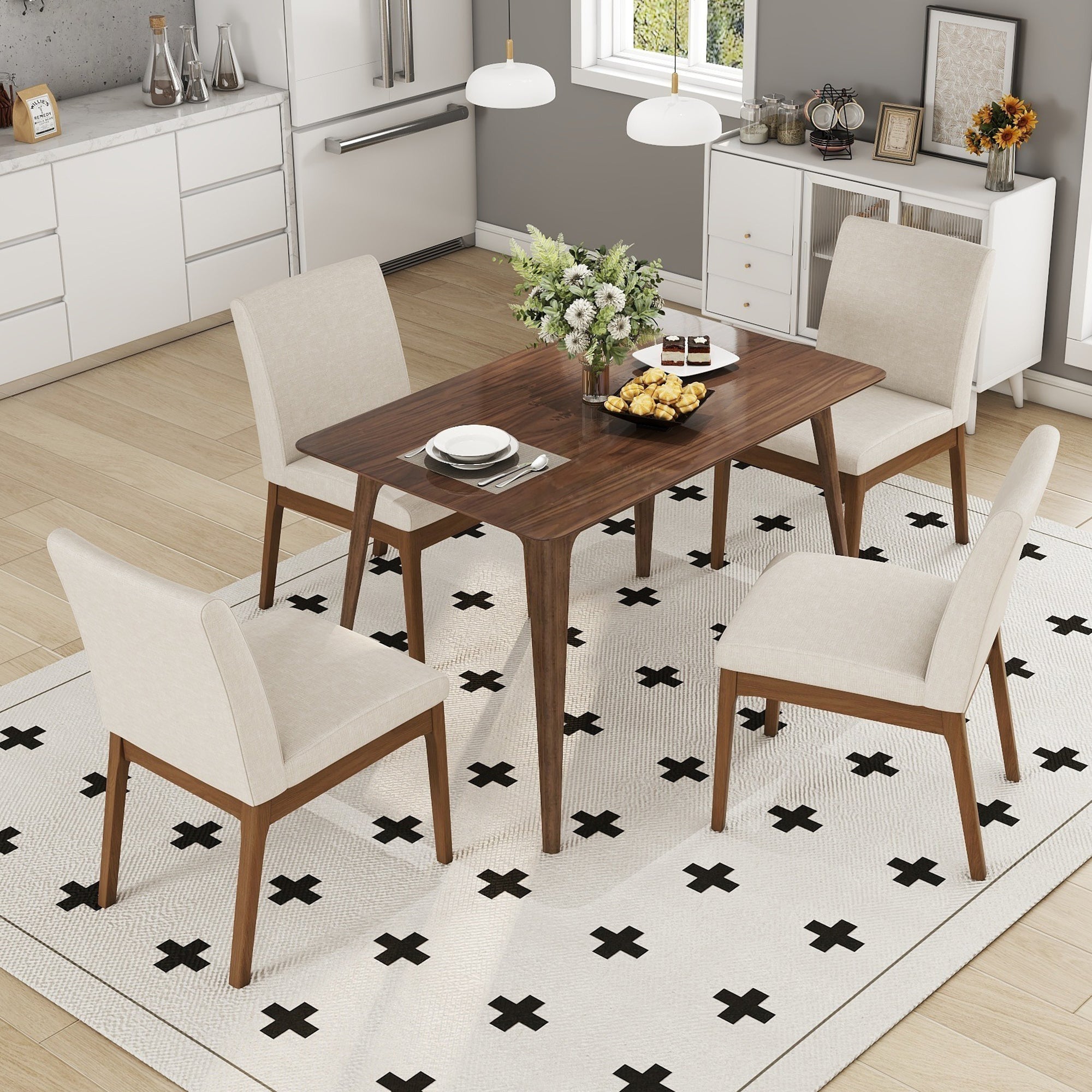 5-Piece Dining Table Set With One Solid Wood Frame Table And 4 Upholstered Chairs For Dining Room, Walnut-Light Beige