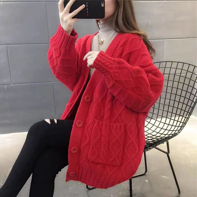 Fried Dough Twist Solid Color Sweater Coat Women Lazy Loose Knit Cardigan