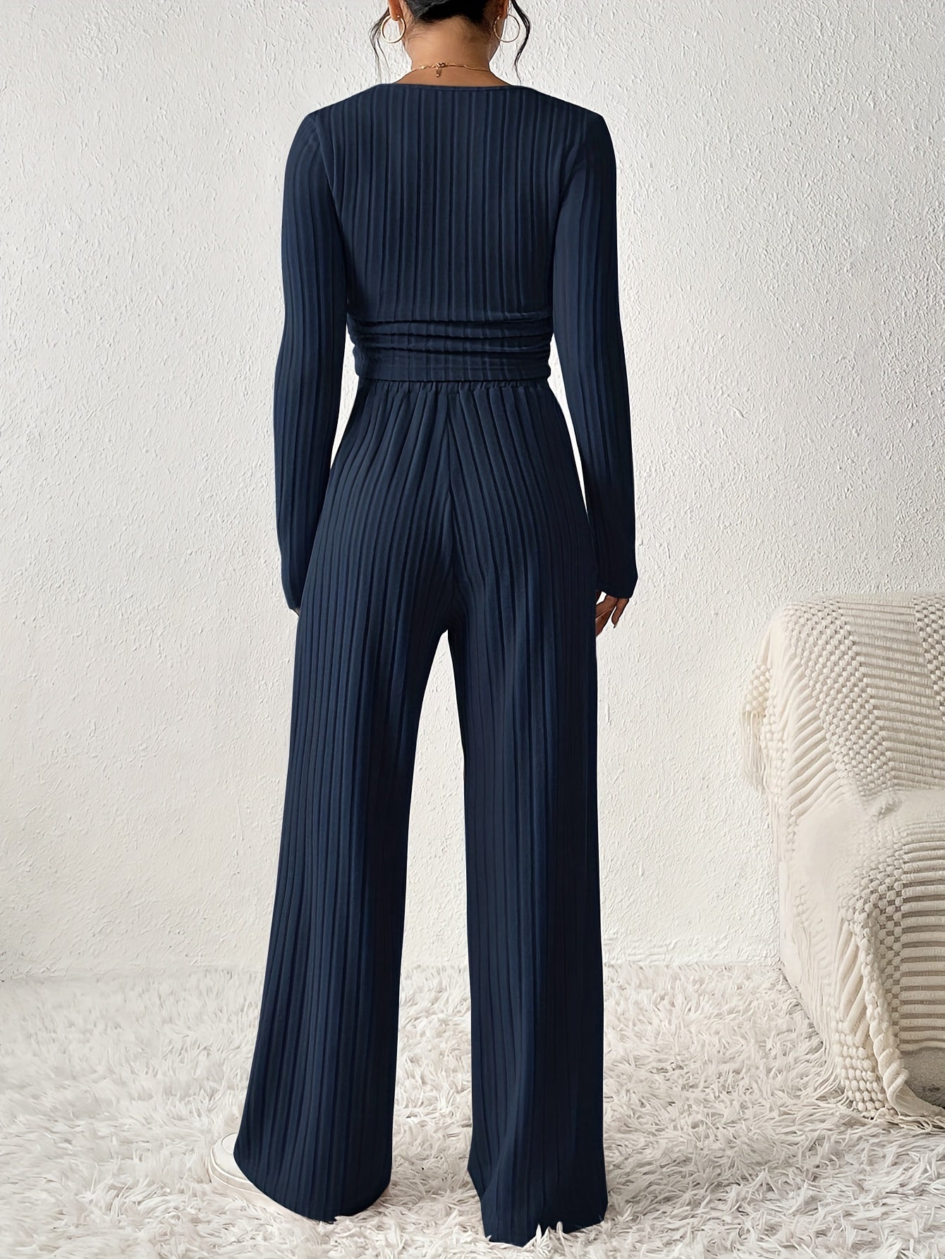 Solid Color Ribbed Casual Pantsuits, Long Sleeve Scoop Neck Crop T-shirt & High Waist Wide Leg Pants Outfits, Women's Clothing