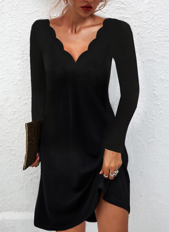 Solid Color Casual Deep V Pullover Dress