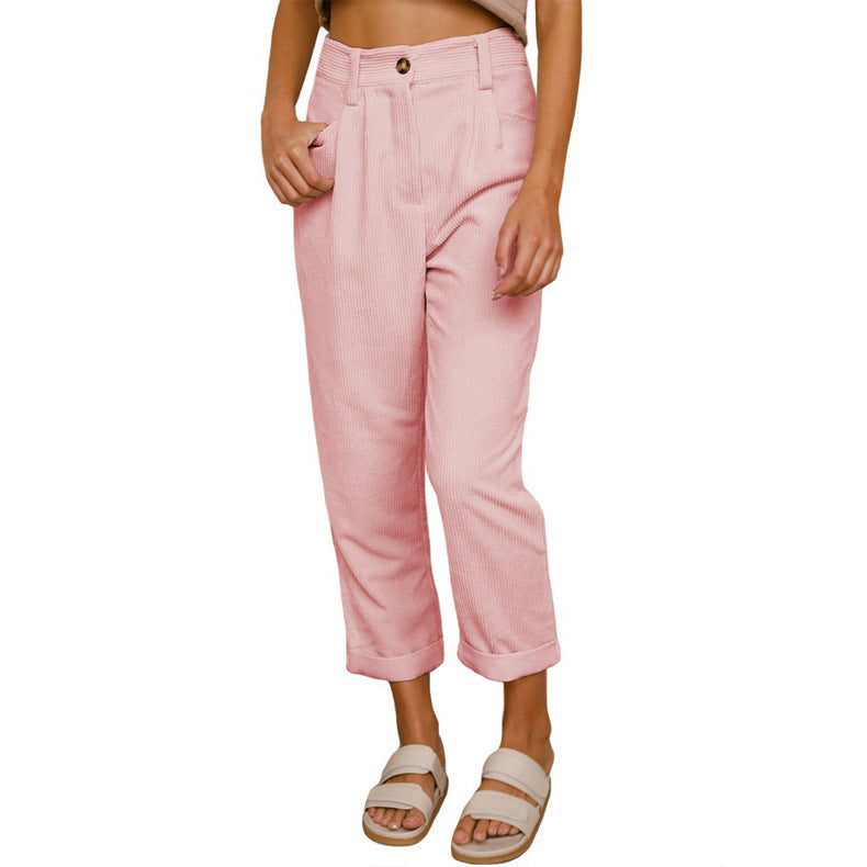 New Women's High Waist Pure Color Corduroy Casual Pants