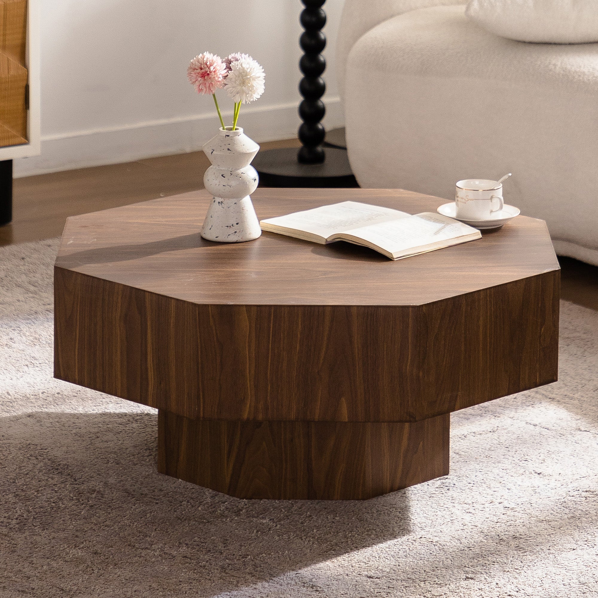 30.51 Inch Coffee Table Wooden Octagonal-Shaped For Living Room Walnut Suitable For Bedroom, Living Room, Office