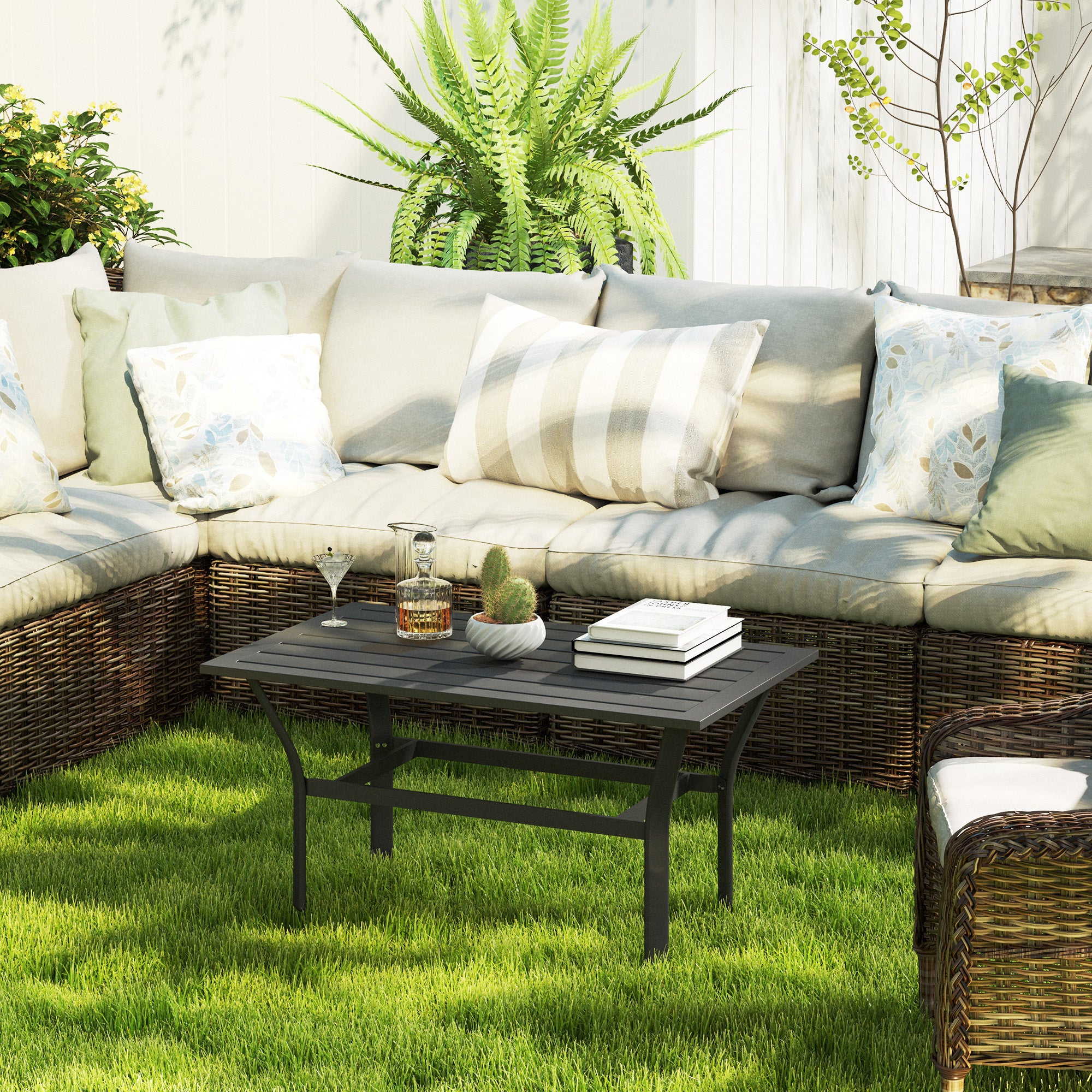 Outdoor Coffee Table with Slatted Tabletop, All-Weather Rectangle Metal Patio Coffee Table for Garden, Black