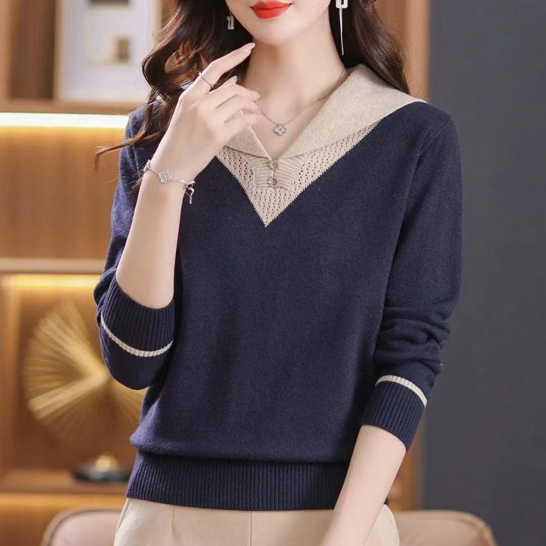 Lapel Outer Long-sleeves Knitted Pullover Sweater