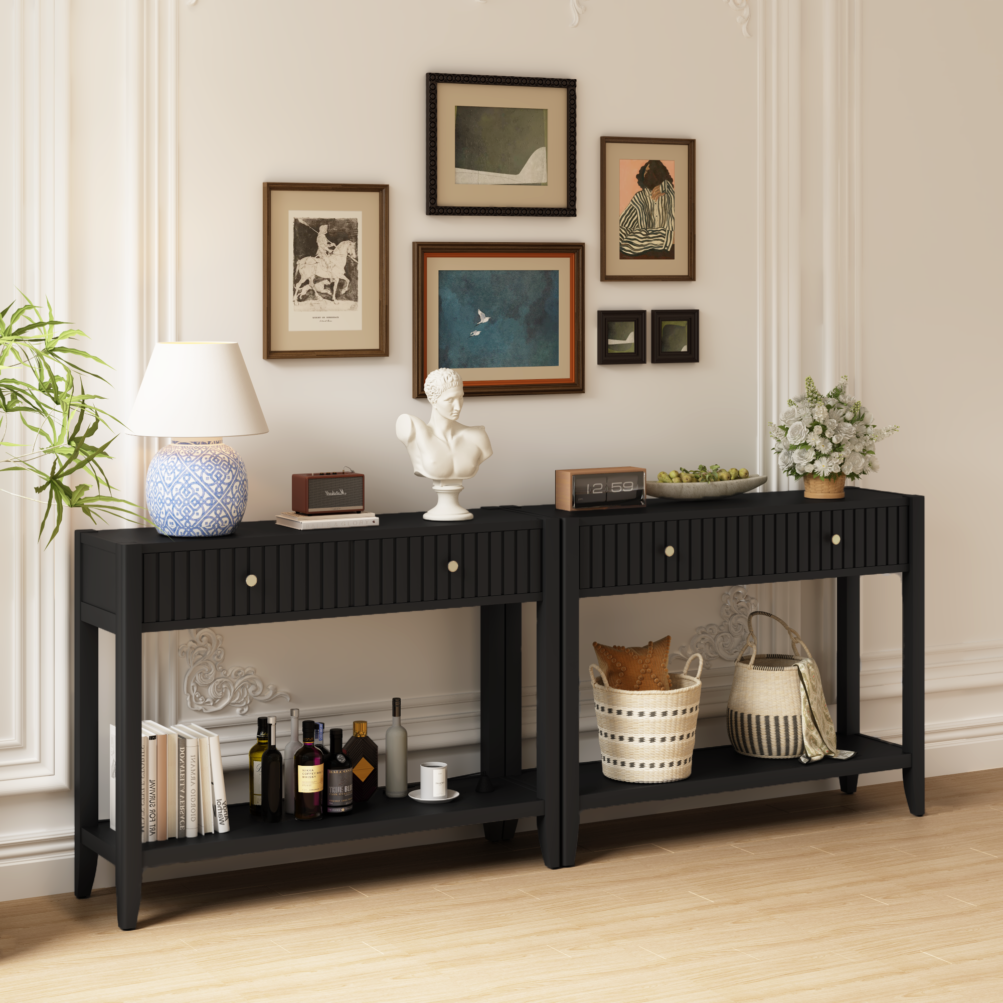 Console Table With Drawers, Narrow Wood Accent Sofa Table Entryway Table With Storage Shelf For Entryway, Front Hall, Hallway, Living Room, Black