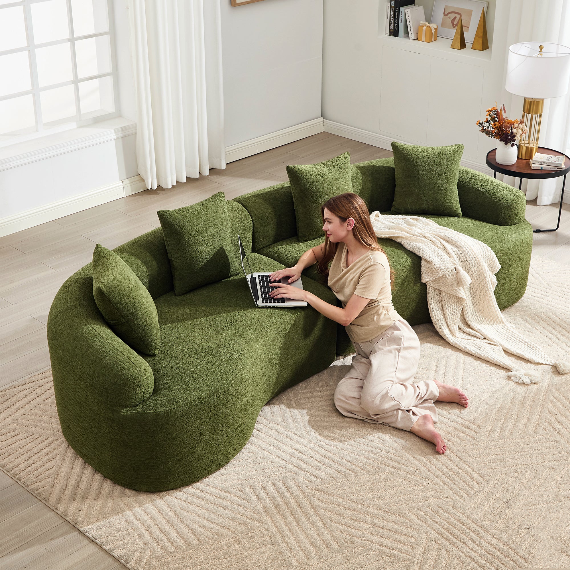 Curved Boneless Sofa Compression Modular 110'' Sectional Green High-Density Couches Sleeper For Living Room Bedroom Apartment Lounge Chenille