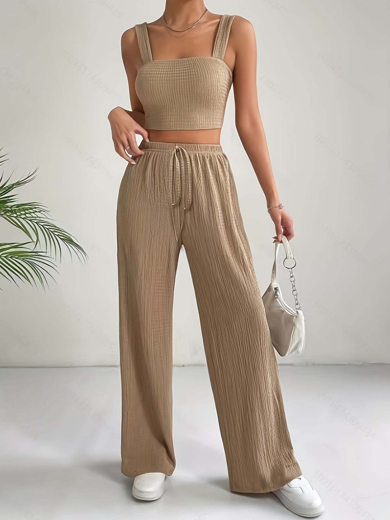 Elegant Solid Color Textured Pantsuits, Sleeveless Crop Cami Top & Drawstring High Waist Wide Leg Pants Outfits, Women's Clothing