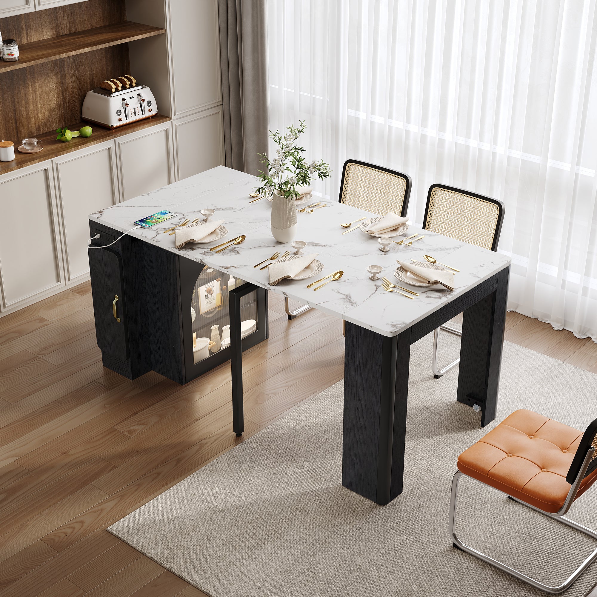 TREXM Extendable Dining Table With 3 Removable Middle Leaves  Mobile Rolling Island Table With Power Outlet  Saving-space Cabinet With Storage For Dining Room And Living Room  BLACK AND MARBLE WHITE