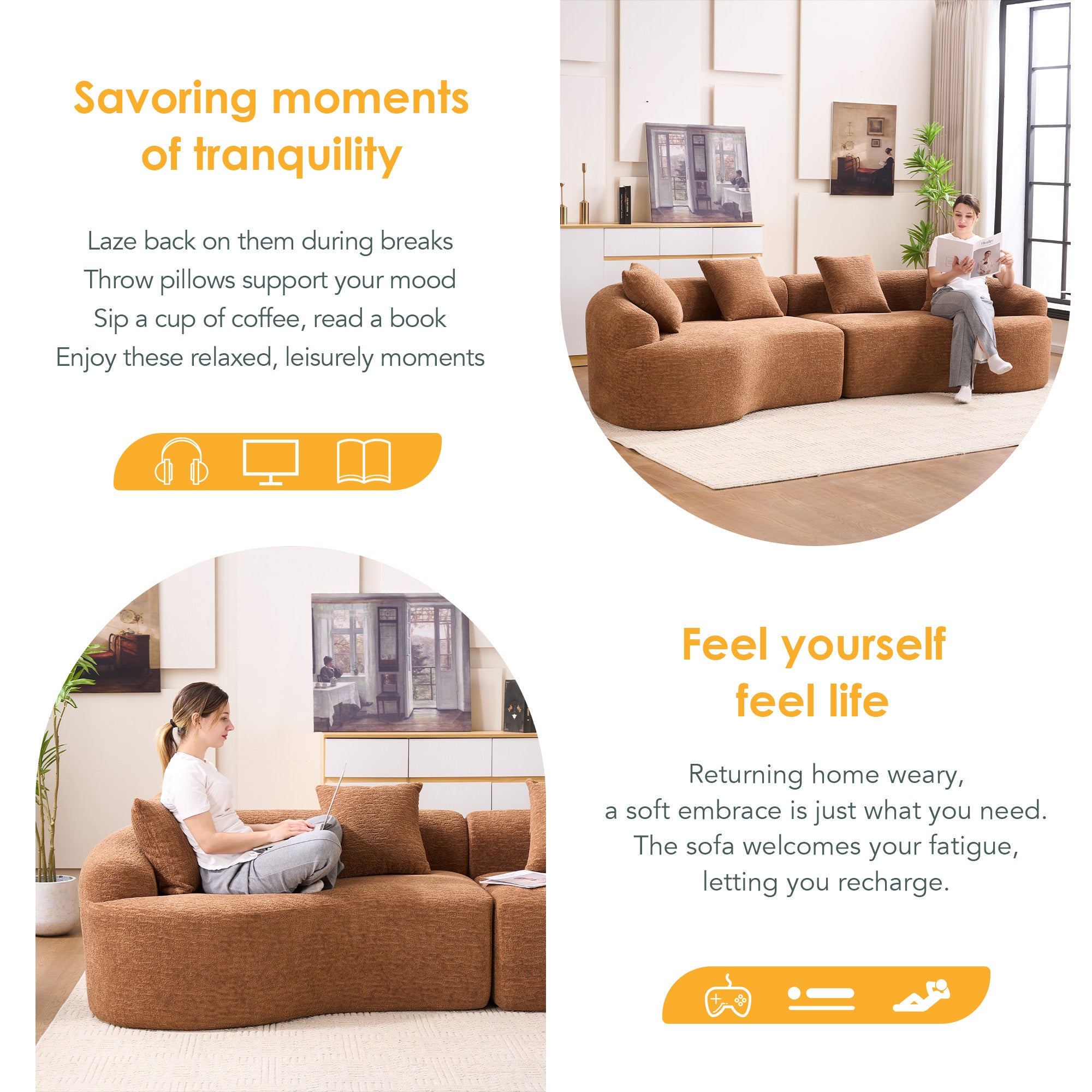 Compression Sponge Sofa Orange Curved Modular Sectional  30D High-Density Chenille Sleeper Couch For Apartment  Living Room 110L