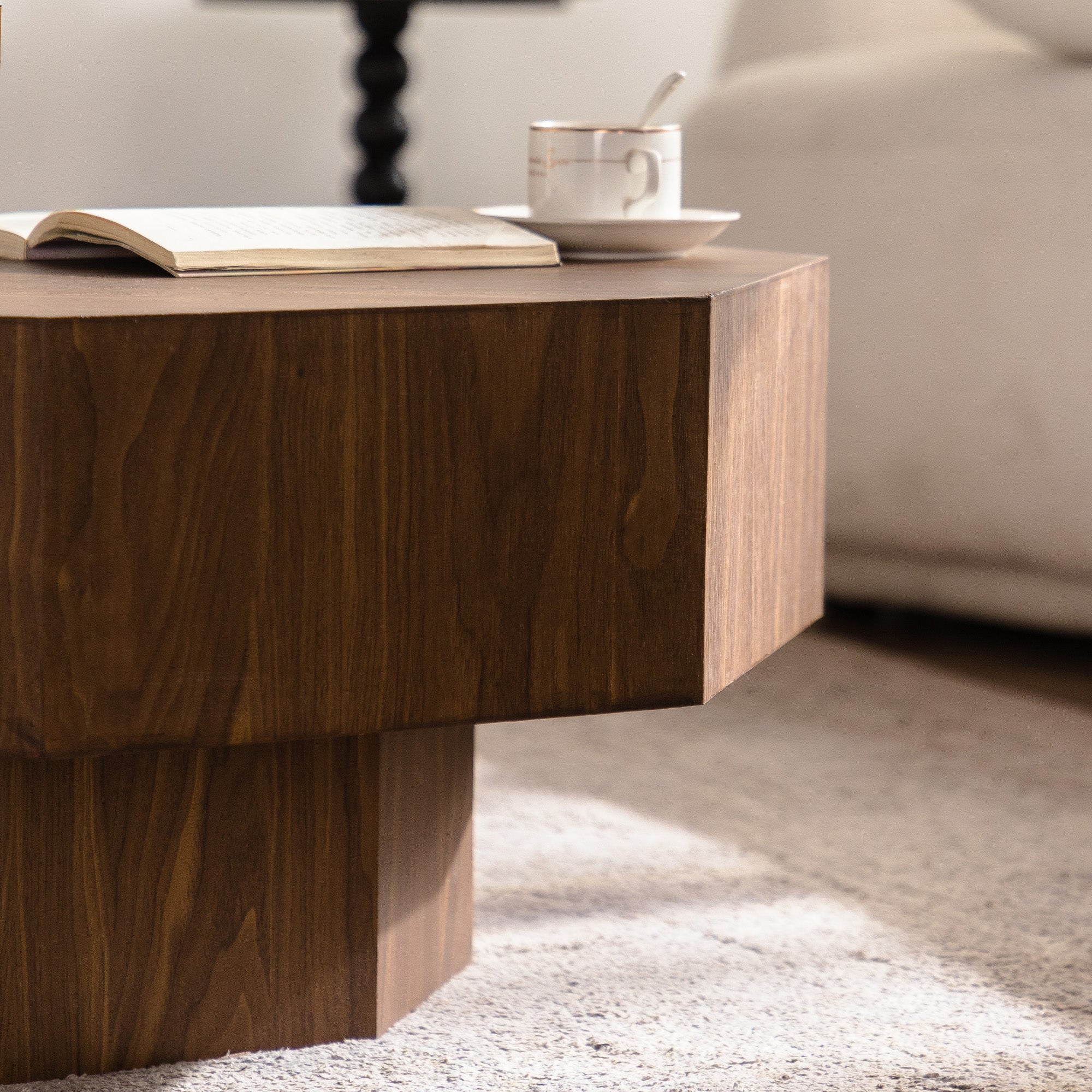 30.51 Inch Coffee Table Wooden Octagonal-Shaped For Living Room Walnut Suitable For Bedroom, Living Room, Office