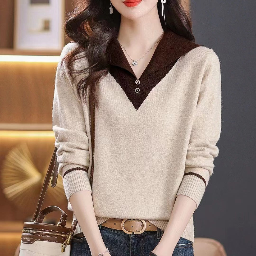 Lapel Outer Long-sleeves Knitted Pullover Sweater