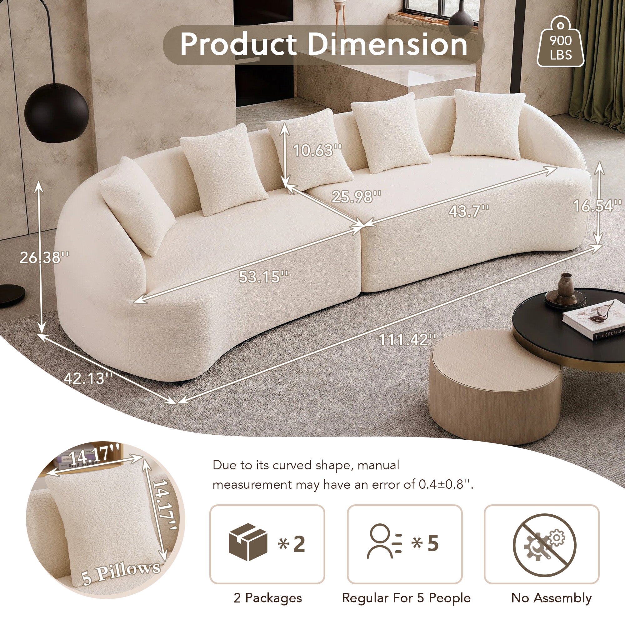 Curved Boneless Sofa Compression Modular 110'' Sectional White High-Density Couches Sleeper For Living Room Bedroom Apartment Lounge Chenille
