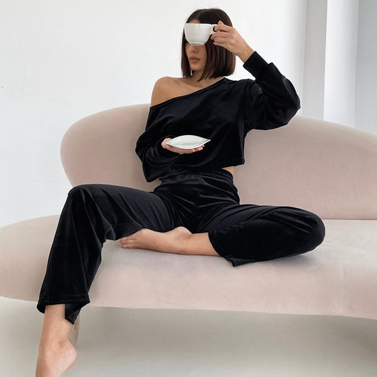 Velvet Long Sleeve Pajama Set Women's Fall Crew Neck