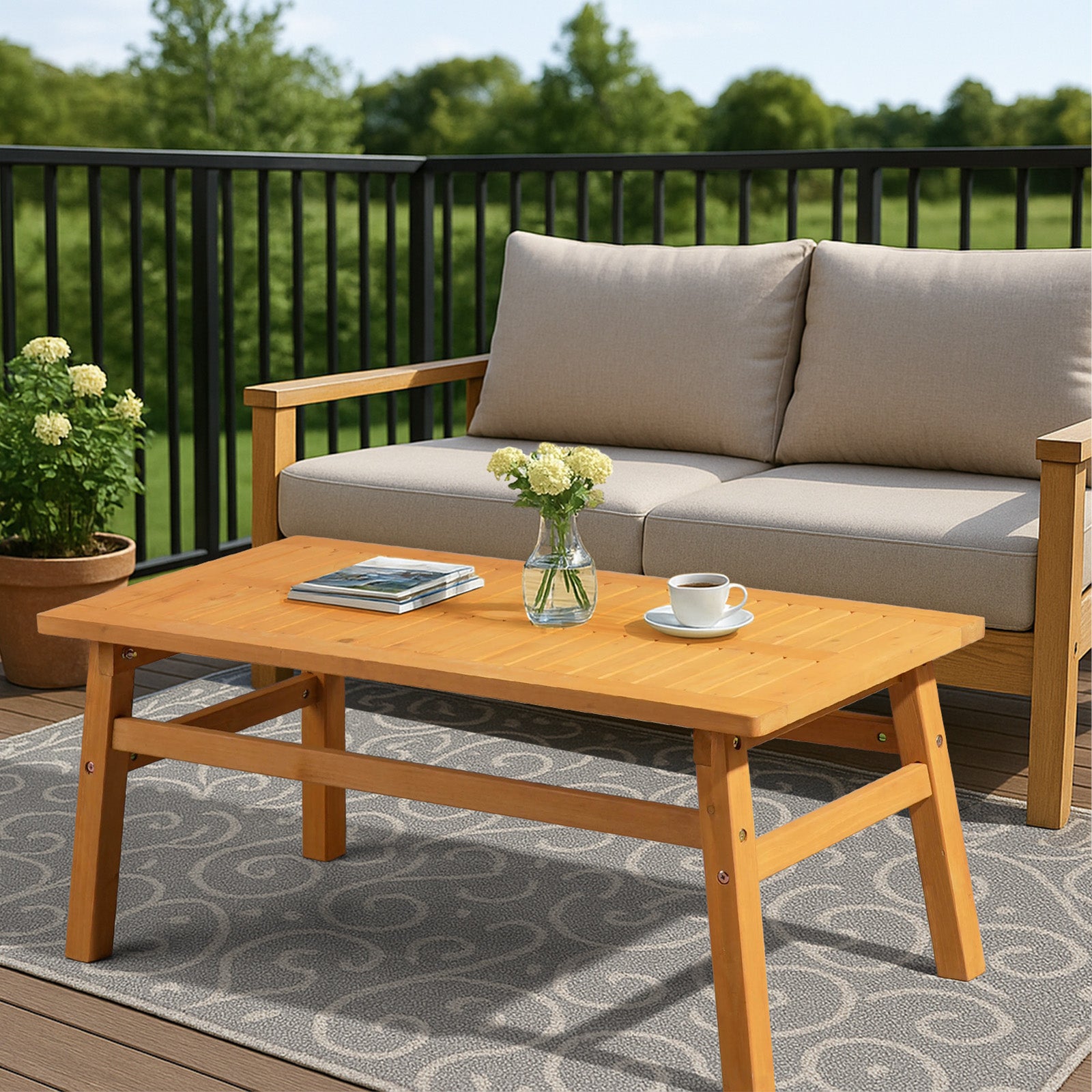 Outdoor Wood Coffee Table, 42inch Farmhouse Side Table For Patio, Solid Cedar Wood Accent Table With Slatted Tabletop For Garden Poolside Lawn Living Room, Teak Wood Finish