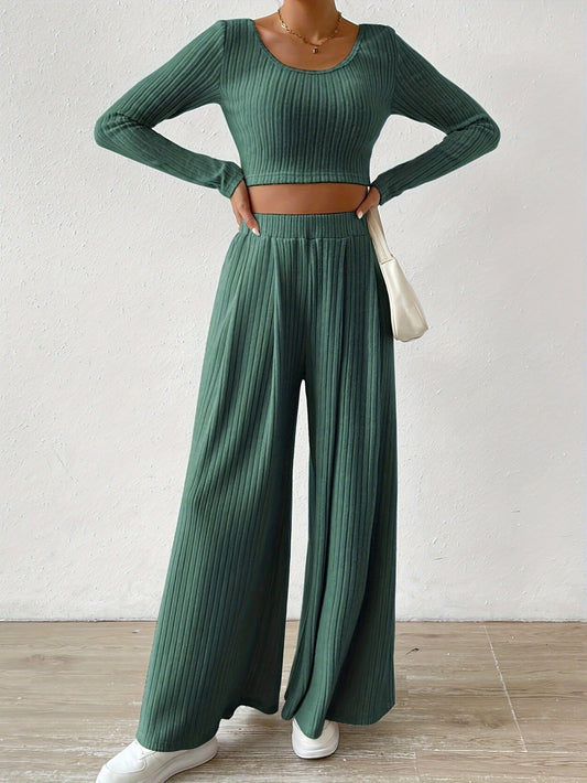 Ribbed Matching Two-piece Set, Casual Long Sleeve Crew Neck T-shirt & Wide Leg Elastic Waist Pants Outfits, Women's Clothing