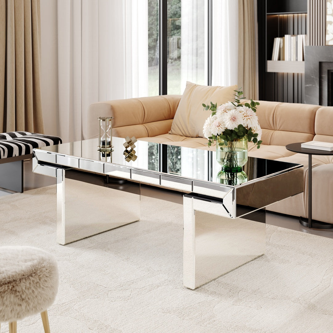 47 Inches Luxury Rectangular Mirror Coffee Table With Fluted Tempered Glass, Modern Sofa Side Table, Easy 2-Step Assembly, Light Luxury Style, Reinforced Packaging