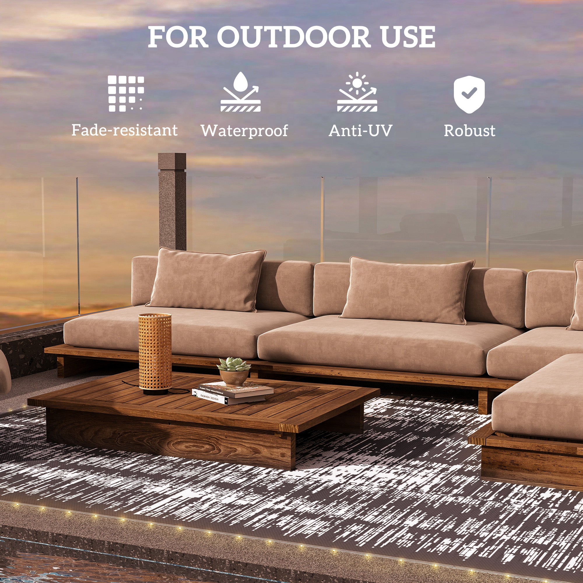 Reversible Outdoor Rug Carpet with LED Lights, Carry Bag & Ground Stakes for Backyard, Deck, Picnic, Beach, 12' x 9'