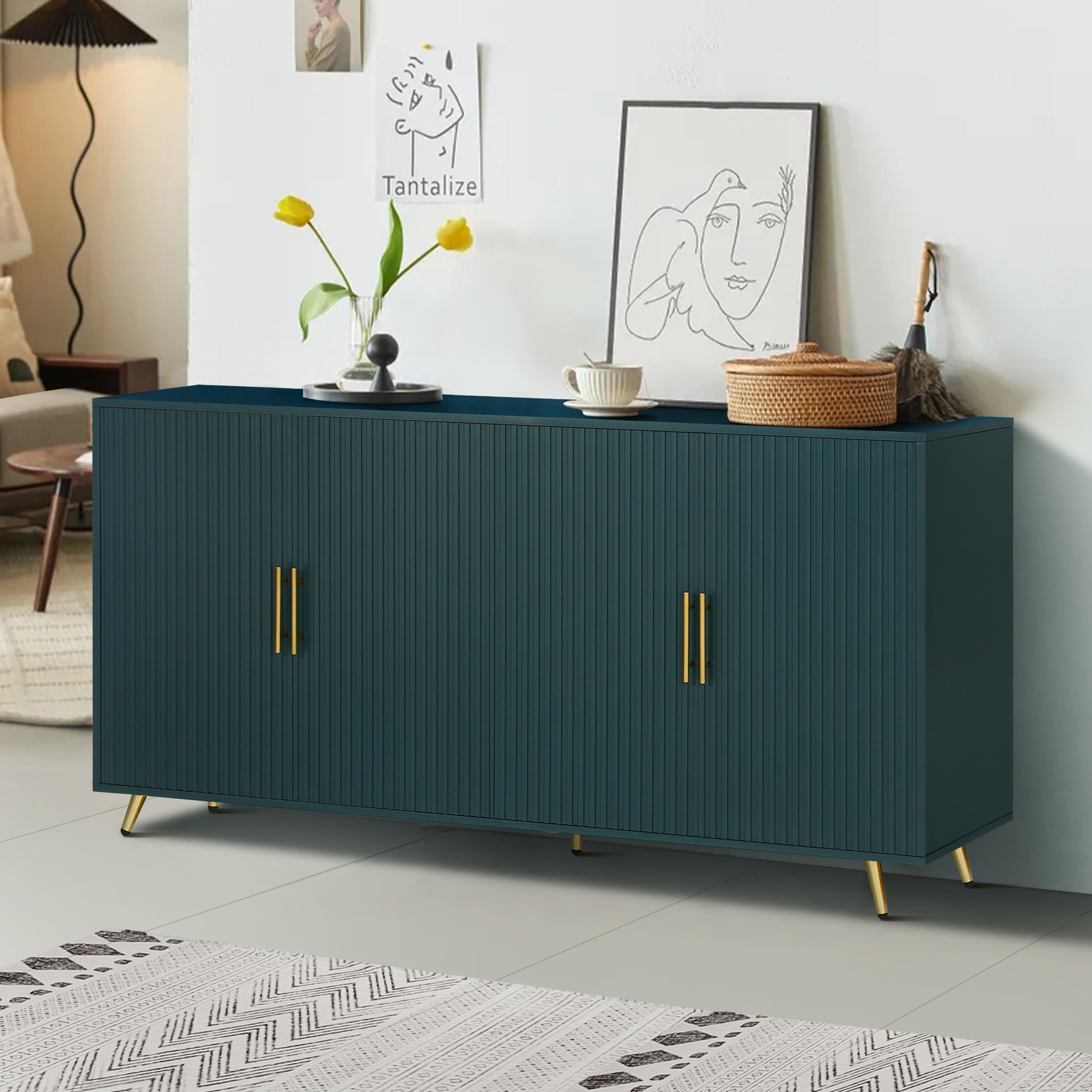 Wood TV Stand With Storage Cabinet & Adjustable Shelves, Media TV Console For Living Room Bedroom Navy Blue