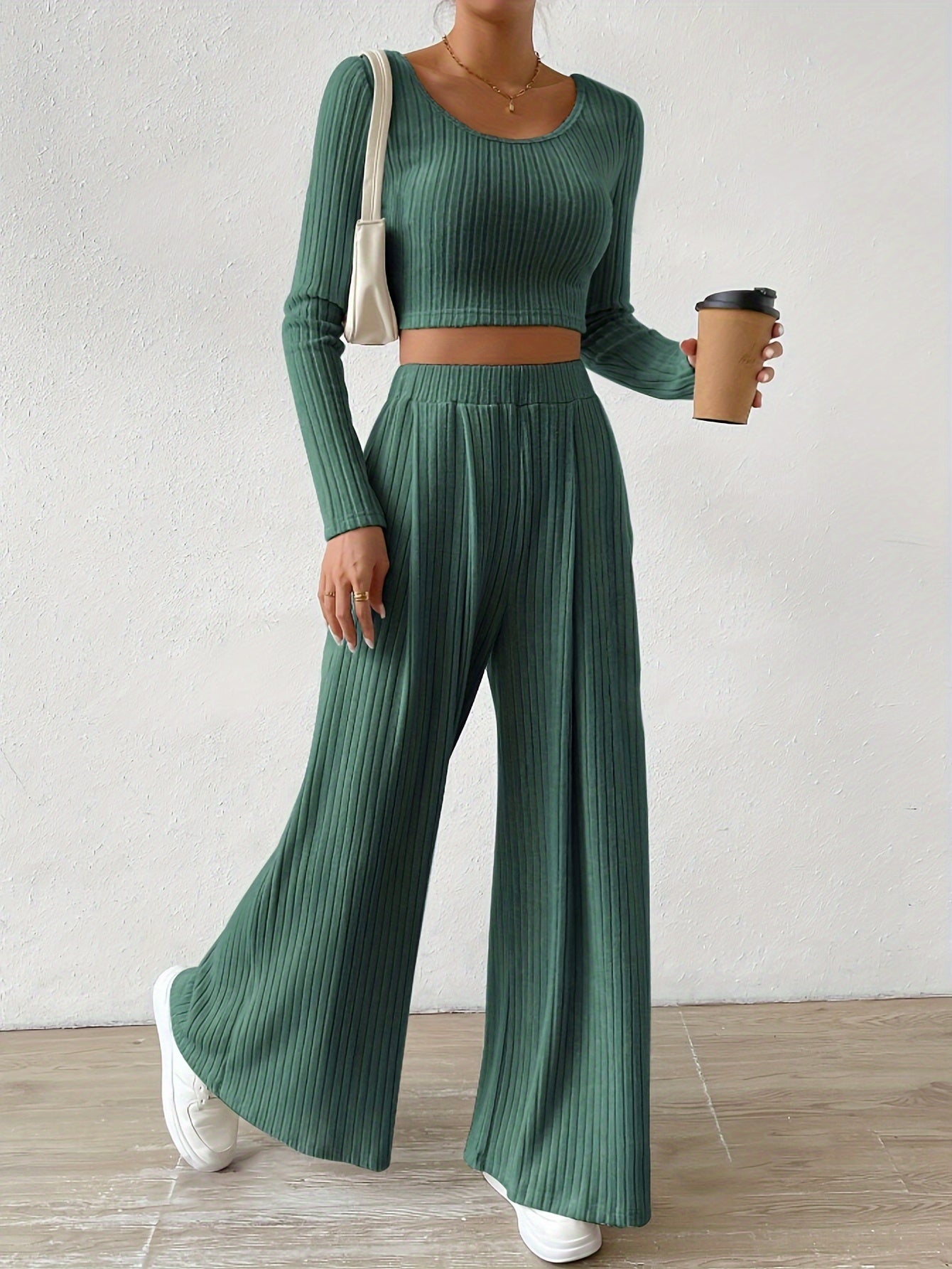 Ribbed Matching Two-piece Set, Casual Long Sleeve Crew Neck T-shirt & Wide Leg Elastic Waist Pants Outfits, Women's Clothing